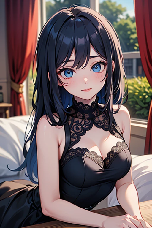 black hair, blue eyes, gold lingerie, gold underwear, sexy, large breast, a hotel bedroom