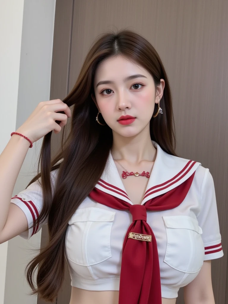 ((highest quality, 8K, masterpece :1.4,anime)), highest real,Sharpness:1.3, Perfect Body Beauty:1.4,perfect description:1.3,super detailed face and skin texture,((super real,best quality)),(soft lighting),super detailed face, fine eyes, double eyelid,pov,(((1 girl))),((make eye contact with the audience)),((Composition from the front:1.2)),fine detail,highly detailed face and eyes, (cute face:1.6),((only two arms,only five fingers,perfect hands))----☆--- (selfie).((NSFW:1.7)), my sister,18years old,(Beautiful brown hair:1.2,long hair,CUTE HAIR STYLE), (huge breasts :1.8,beautiful areola,small areola), (SMILE FACE:1.4),pov,1 boy,(close up face:1.5,UPPER BODY:1.4),--☆--(Inside the room, bright room, large windows, sunlight shines in)school uniform,sailor suit,RED RIBBON TIE,she is wearing an white shirt,RED SKIRT,Red and white check pattern,((nude)),((lie on your back on the bed:1.4))),(open legs:1.6),(penis in pussy),((cum in pussy:1.4)