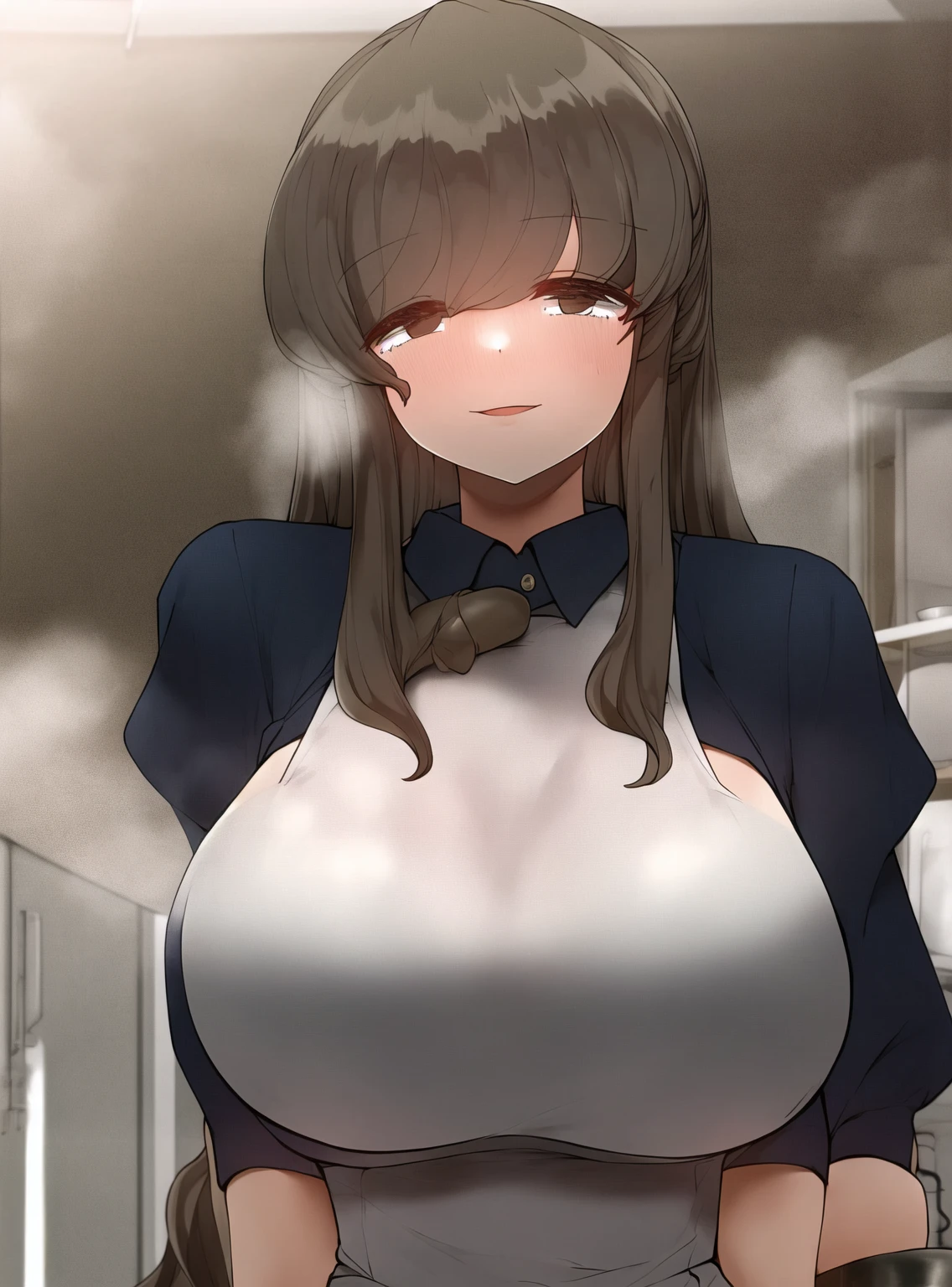 score_9, score_8_up, source_anime, 1girl, solo, KoboKanaeru, blue eyes, long hair, brown hair, , high-waist skirt, long skirt, white skirt, black shirt, long sleeves, , standing, indoors,house kitchen, (bound with an excessive amount of ropes), (bound wirsts), (arms behind back), (tapegag, tape gag), dramatic, (looking at viewer), (detailed pupils:1.3),pencil skirt,big breast
