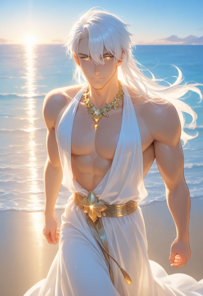 Poseidon is tall,Muscle strength,Skin like finely carved bronze,Exudes a golden glow。 He has a jewel-encrusted crown on his head.,The gemstone sparkles with a sea-blue light,Symbolizes his dominance over the ocean。 Poseidon's thick hair and beard are like rolling waves,Each one reveals infinite power and vitality。 His eyes are deep and blue,Like the depths of the ocean,There are countless stars and waves shining inside。 Poseidon is wearing a blue robe,The robe is inlaid with pearls and shells,Every decoration shines with mysterious light。 He holds a huge trident.,The halberd is covered with exquisite patterns of seaweed and marine life.,It symbolizes his control and power.。 The smile of Poseidon is full of tolerance and power,His voice is as deep and melodious as the tide,Every word seems to be the echo of the ocean。