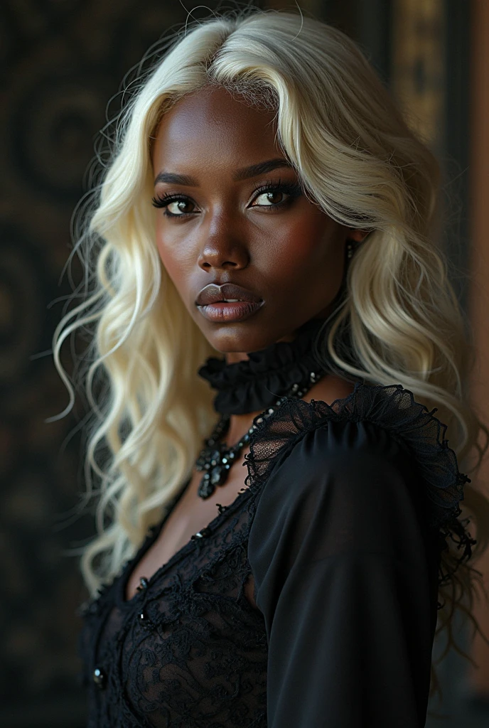 I would like to create a black girl, blonde and sensual, extremely realistic and human, blue eyes and a thin nose and black skin