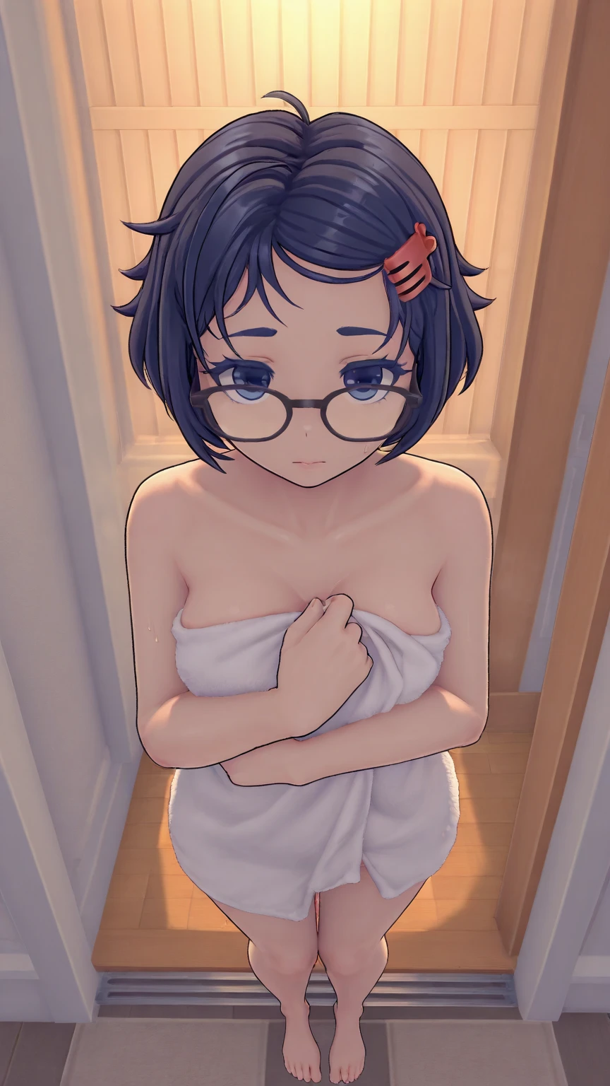 (Purple hair:1.4), gray eyes, 11 years old, short, short long hair, kind expression, shy, almost no breasts, slightly exposed. hair,(flipped hair ), flipped hair, ahoge, girl alone, flipped hair, flipped hair, flipped hair, flipped hair, glasses with no edges, embarrassed, flat chest， , (Naked: 1.5)，nipples are visible，pussy are visible,  beautiful eyes
