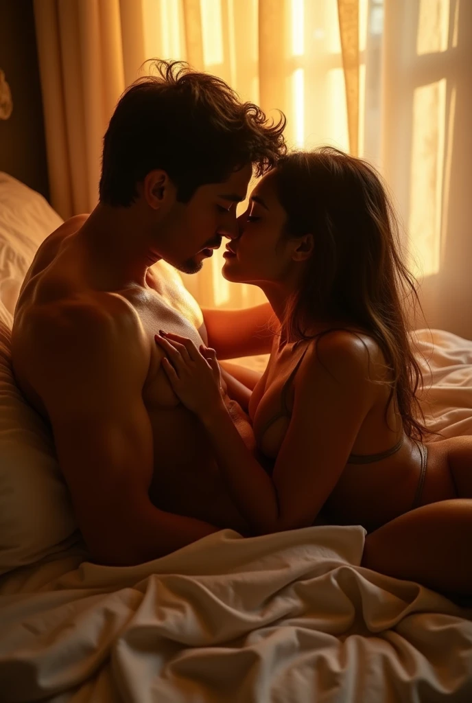 (photorealism:1.2), Beautiful hot Latin Mature Lady lying nude on bed, Exposing Large Breasts and Kissing a Young Slim Boy Cuddling each other, Dim light in the room. 