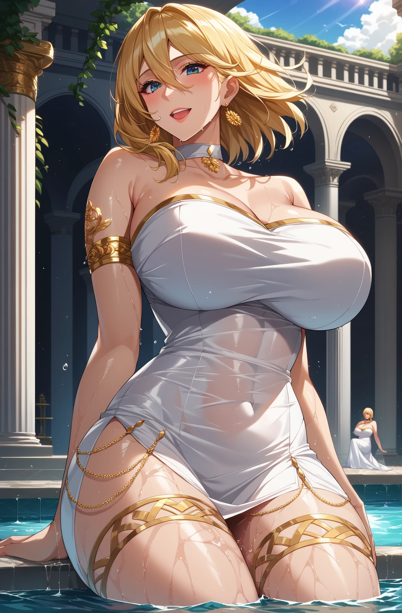 1girl, solo, aphroditeS, blond hair, hair ornaments, flowers in hair, huge breasts, white dress, cleavage, neckale, golden bracelets,
masterpiece, best quality, vibrant colors,