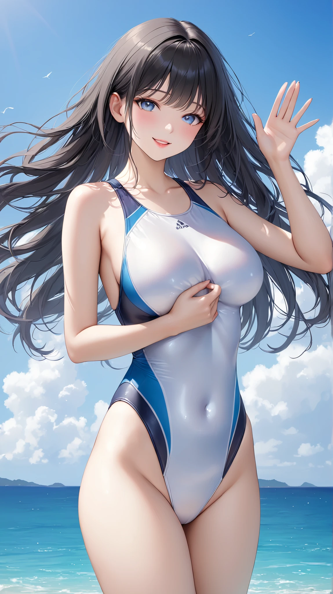 (4K,masterpiece,best quality,ultra detailed),(cowboy shot,from frint:1.2),(daylight,bloom),looking viewer,female,(teenage),(medium hair,silky hair,straight hair,black hair),(beautiful detailed face,beautiful detailed eyes,finely detailed skin,big breast,medium hips,fair skin),light smile,shy,(wet (white) one piece competition swimsuit),on pool side,