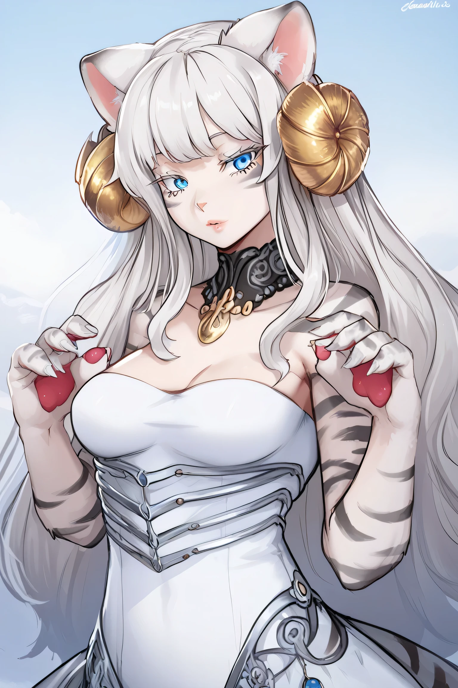detailed portrait of a tiger girl, harmonious combination of human and cat features, sensual full lips, small predatory nose, big blue eyes with vertical pupils, long white eyelashes, elegant human hands with soft cuts with pads and sharp claws, decorated with silver rings, snow-white tight dress with a deep neckline, gorgeous striped wool