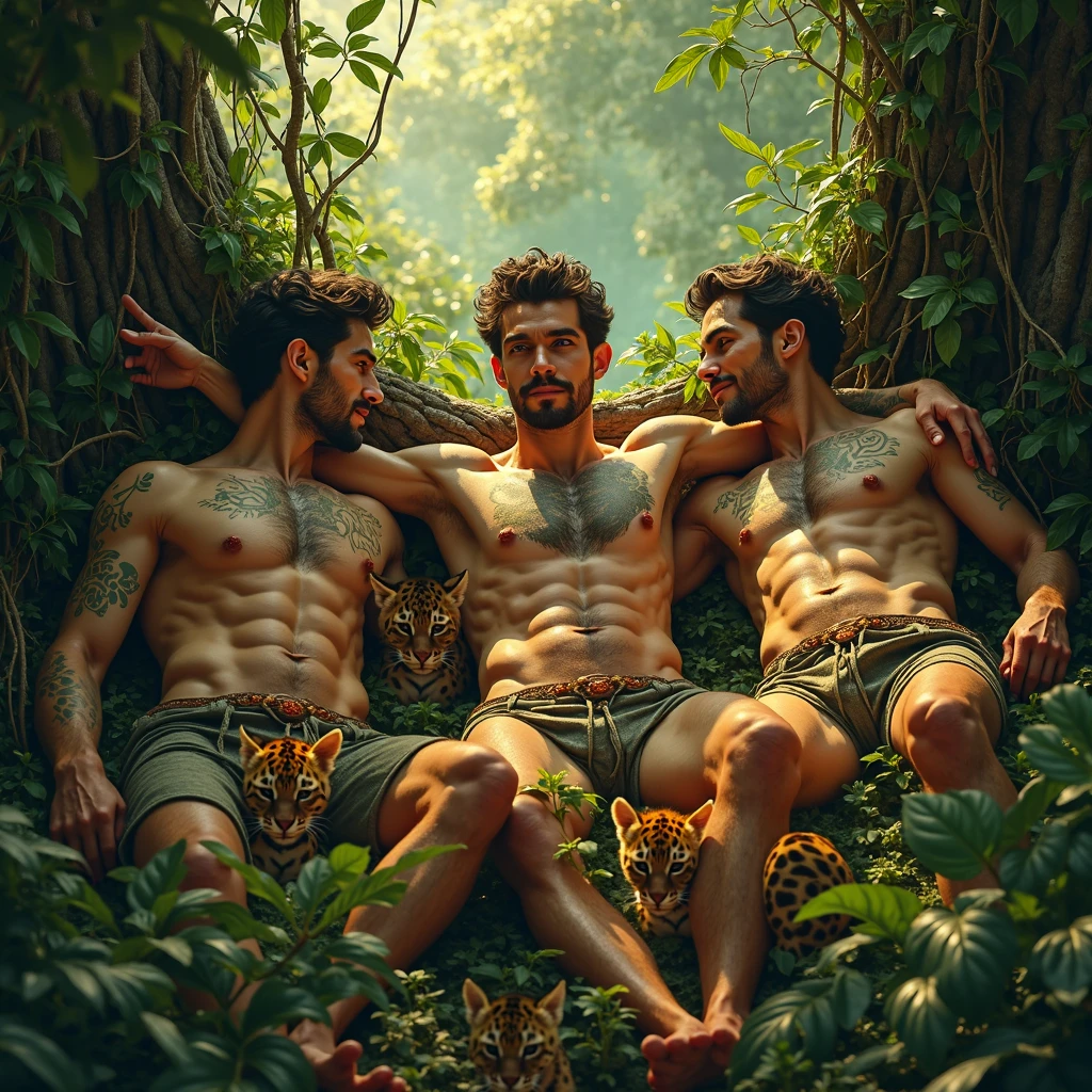 A hot naked gay man with a long penis and many naked men around with even longer penises
