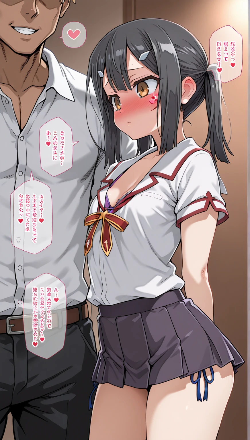 highest quality, muste piece,long hair,very huge breasts,(1 girl:1.6),(1 slender handsome man:1.5),(((1 boy, a boy is grabbing girl’s breasts from behind:1.5))),(bra:1.5),((grab your breasts over your clothes:1.5)),(spread legs:1.4),Big breasts that are about to burst,(very, very big breasts:1.4),emphasize the chest,(blush:1.2),(mini skirt:1.4),(Sheer panties:1.4),(classroom:1.5),(heart mark:1.2)