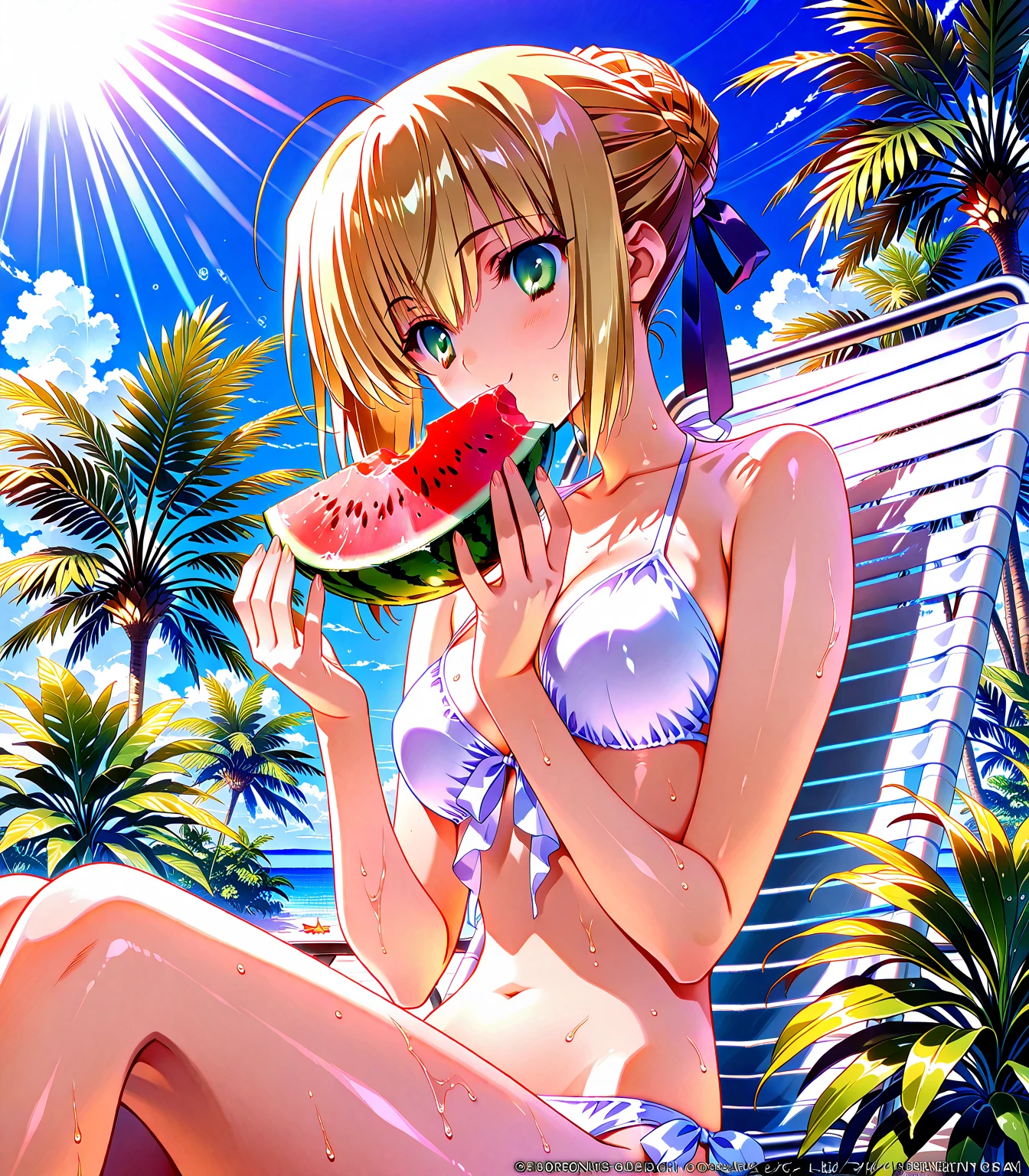 One girl, blonde short hair, wearing a swimsuit and taking Watermelon,smile,(((masterpiece))), (((best quality))), ((ultra-detailed)), (illustration), (detailed light),((an extremely delicate and beautiful)),(beautiful detailed eyes),