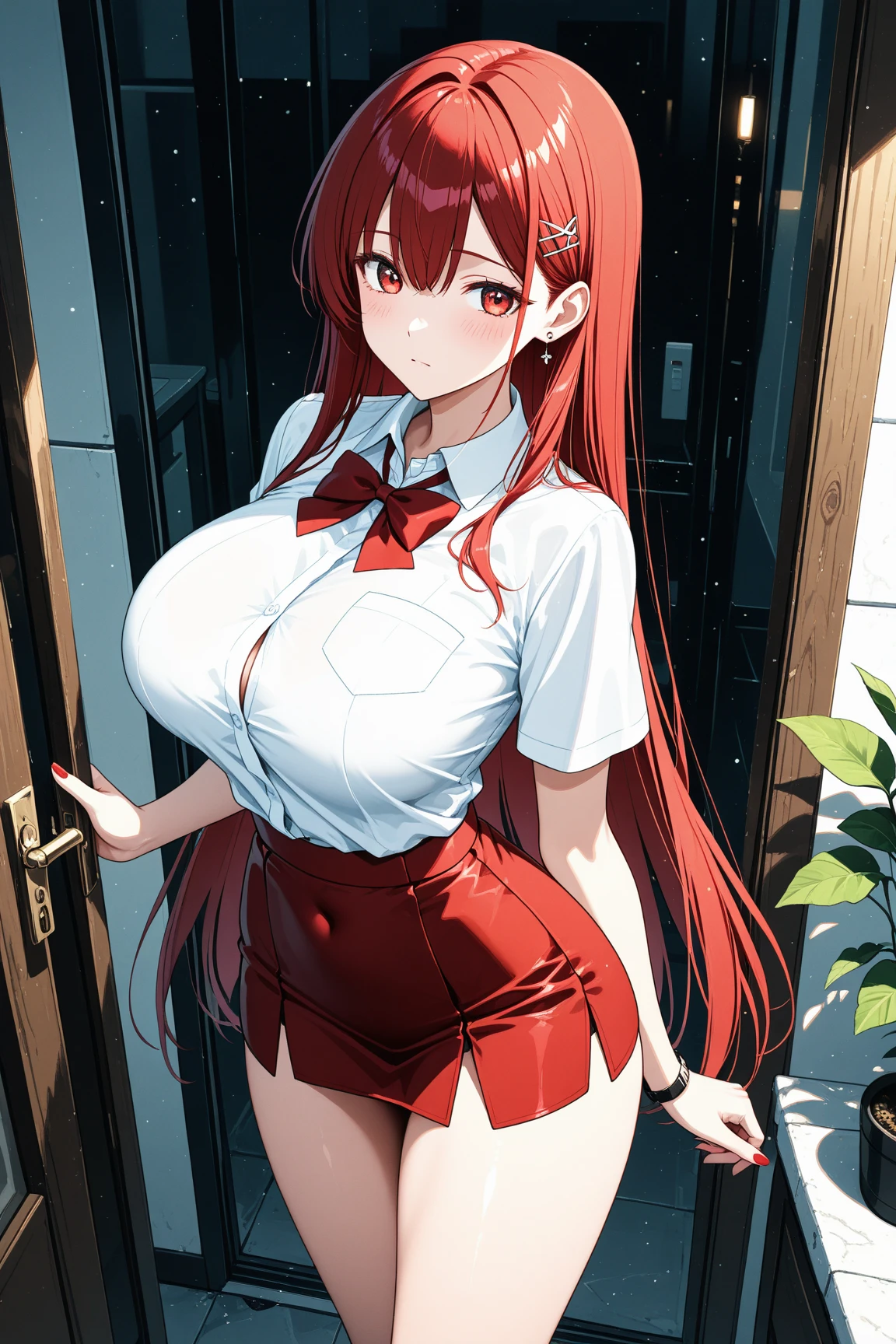 My name is Hikaru, I am a white test woman with long red hair and black eyes. I am 1.60cm tall and weigh 46kg. My breast sizes are 300 cm, my waist is 60 cm and my hips are 200 cm. Dressed in a tight, low-cut red dress with her hair tied in a ponytail and a black bag.. With big breasts 300 cm