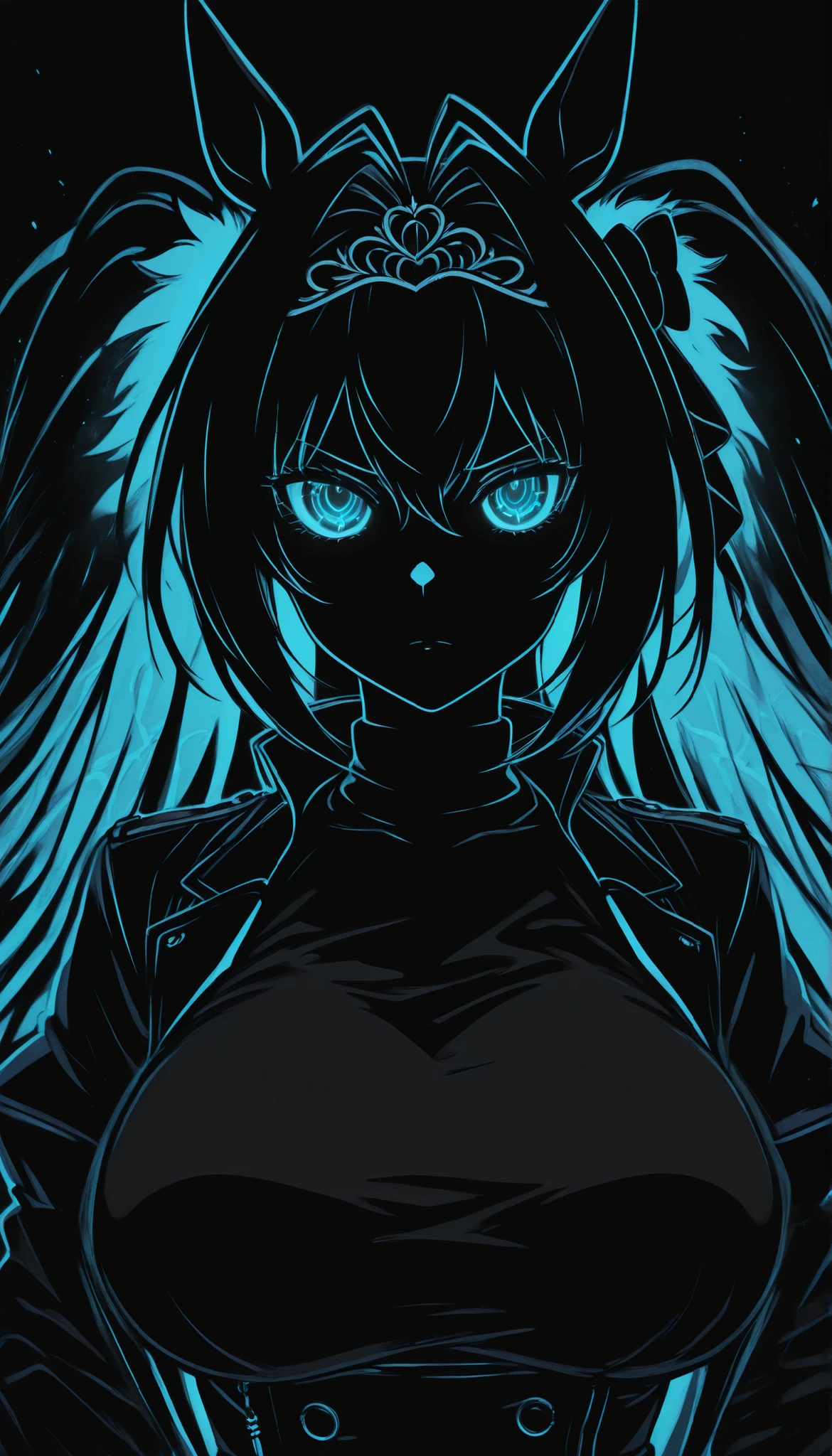 (masterpiece, Highest Quality ), 1girl, Daiwa Scarlet \(Uma Musume\),blatant,big breasts,masterpiece, Highest Quality, Ultra Details, High Gress, 1girl, solo, Mature Women, beautiful and perfect face, detailed eyes,limited palette,Black background,colorful,full of life,((blue glowing outline)),((Blue Neon)),black light,rimless, masterpiece, very aesthetic(SuperQuality:1.2),serious,,Black background,cinematic_illustration,eye_focus