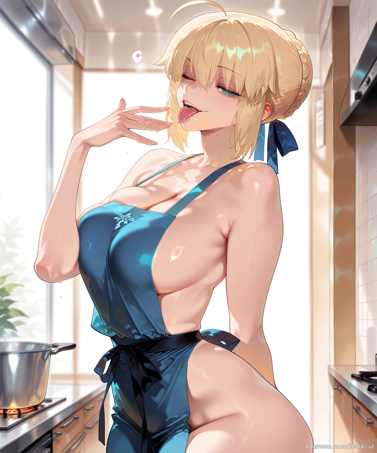 One Woman, masterpiece, highest quality, Large Breasts, Perfect contours, Blonde, Forehead visible, Naked Apron, smile, Open your mouth, Upper Body,