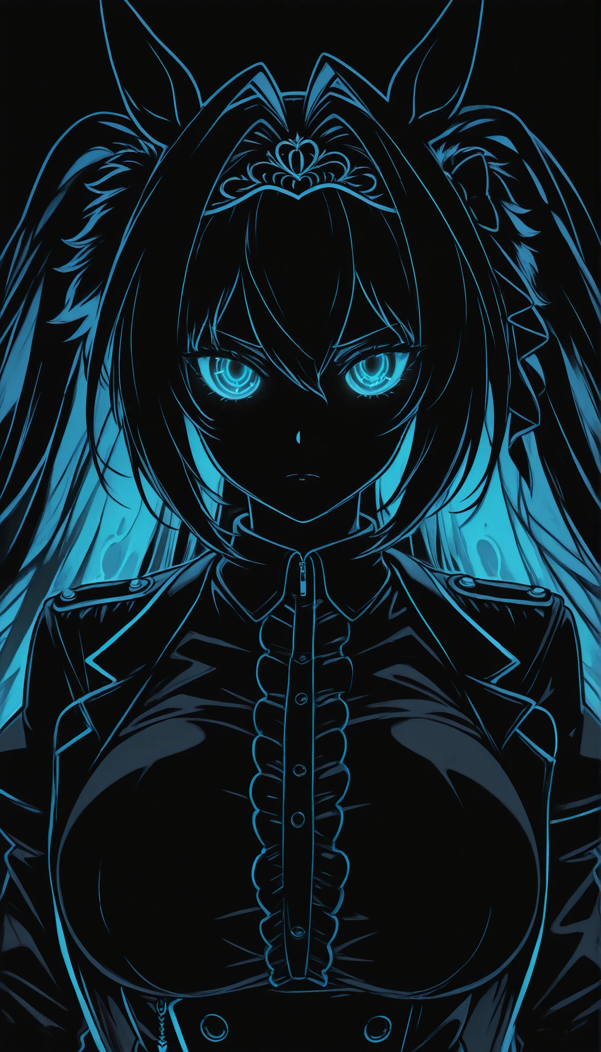 (masterpiece, Highest Quality ), 1girl, Daiwa Scarlet \(Uma Musume\),blatant,big breasts,masterpiece, Highest Quality, Ultra Details, High Gress, 1girl, solo, Mature Women, beautiful and perfect face, detailed eyes,limited palette,Black background,colorful,full of life,((blue glowing outline)),((Blue Neon)),black light,rimless, masterpiece, very aesthetic(SuperQuality:1.2),serious,,Black background,cinematic_illustration,eye_focus