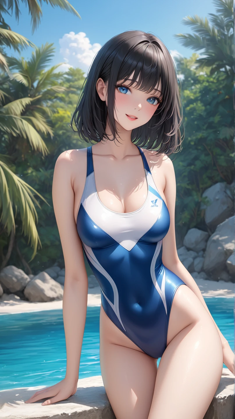 ((masterpiece,best quality,ultra detailed,high resolution)),(daytime,clear weather,bloom),looking viewer,((solo,girl)),(black hair),(beautiful face,beautiful eyes),(finely detailed skin,fair skin),light smile,(competition swimsuit),(beautiful sky),sitting,spread legs,(perky breast),pussy juice,