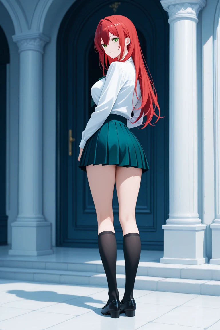 Masterpiece: 1.2, best quality, realistic, (real image, intricate details, depth of field), beautiful redheaded woman, she has stunning blue eyes, highly detailed, perfect face, (huge breasts: 1.6), (skin dentition), thick thighs, wide hips, small waist, high, (huge ass: 1.6), blushing, sexy, wearing red skirt, and short tight high socks, erotic position, sfw