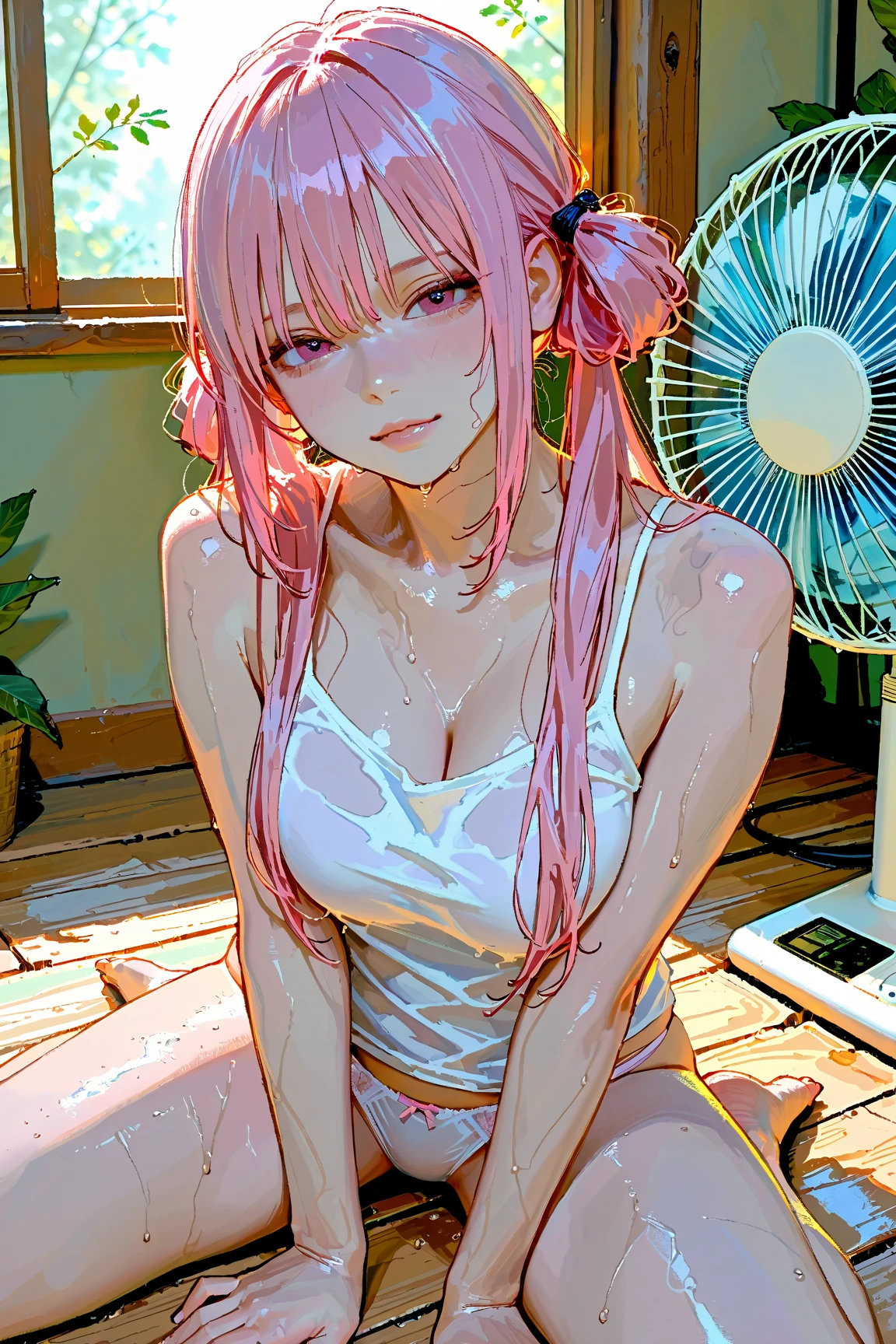 (masterpiece, highest quality, ultra high res, ultra detailed:1.3), 1 cute girl, pink medium hair, half twintail, small breast, black tank top, tank top covered nipples, red pleated mini skirt, white panties, (love juice, pussy juice, masturbating with her fingers:1.4), in cute room, ecstasy look, touching crotch by self,