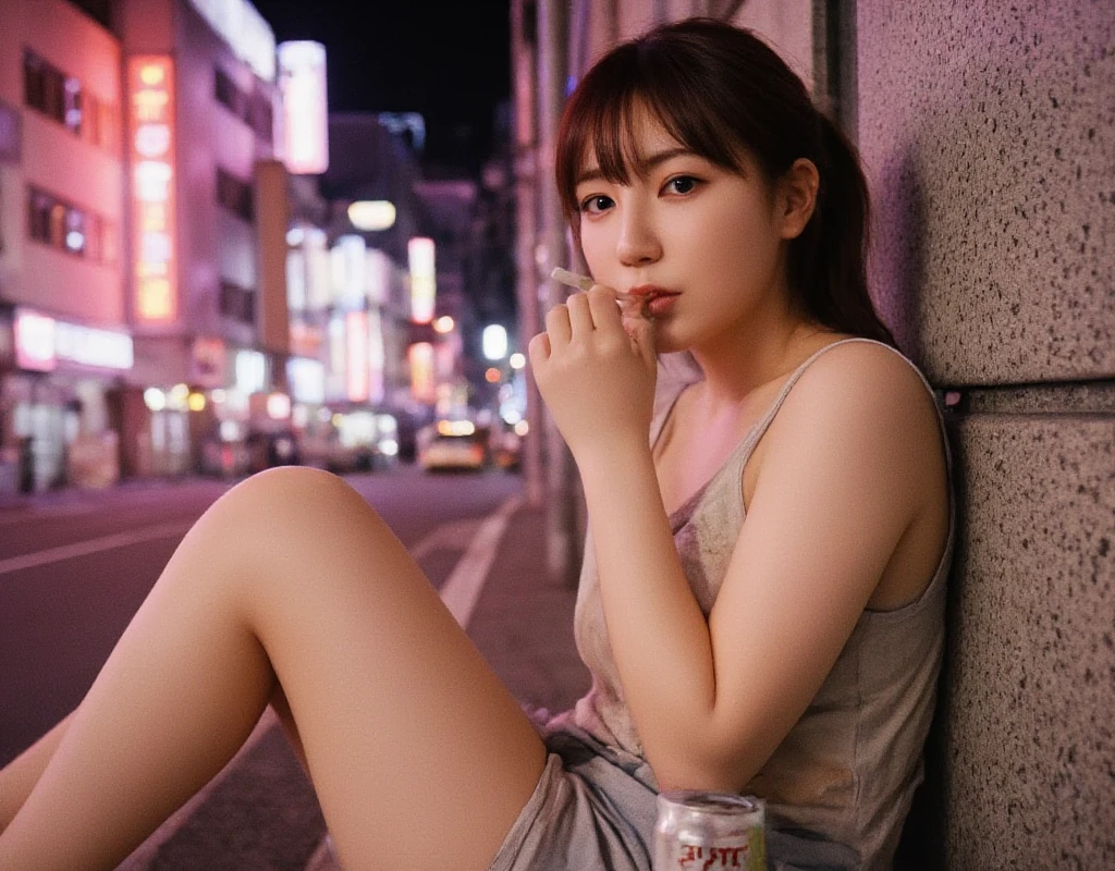 1girl、Streets of Tokyo、natta、A city scape、city light、full bodyesbian、8k、RAW Photography、top-quality、​masterpiece、realisitic、Photorealsitic、Squat dwelling