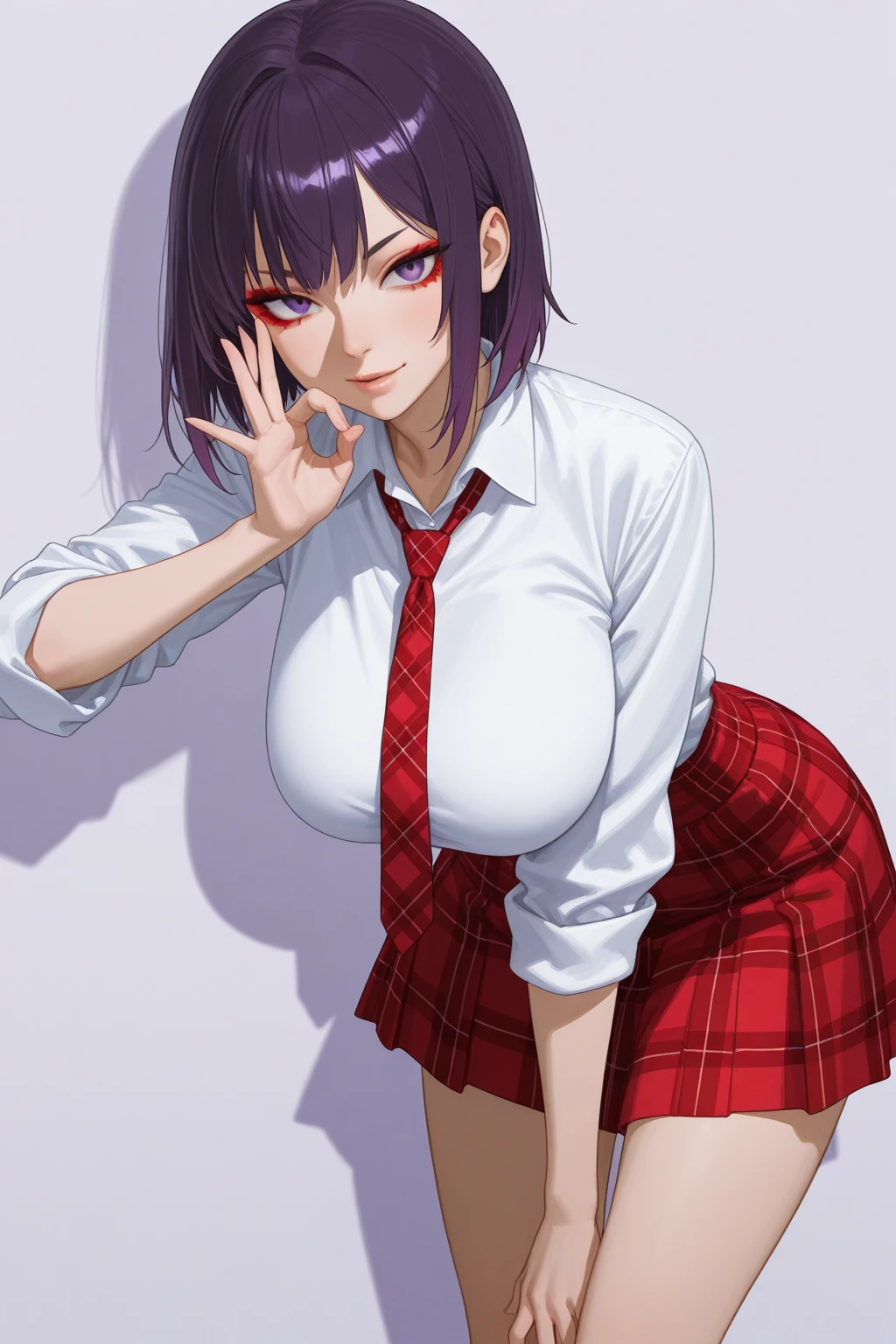 purple eyes, (best quality, masterpiece painting:1.3), Oboro, mature female, 26yo, (half body shot:1.3), schoolgirl, school uniform, (seductive look:1.5), purple hair, short hair, stacked bob hair, (large breasts:1.2), (narrow waist:1.1), cleavage, perfect body, (athletic body:1.1), soft skin, anime face, perfect face, (perfect eyes:1.3), glowing eyes, purple irises, anime eyes, smoky eyeliner, eyeshadow, asian, looking at viewer, smart, whiteboard background, classroom, sharp focus, intricate details, professional artwork, (vibrant colors:1.1), vivid colors, Diffused lighting, digital blending, ultra detailed body, ultra detail hair, ultra detail face, trending on pixiv, top button opened, shy girl, cute glance, makeup, purple lipstick, perfect lips, perfect makeup, ultra detailed painting,