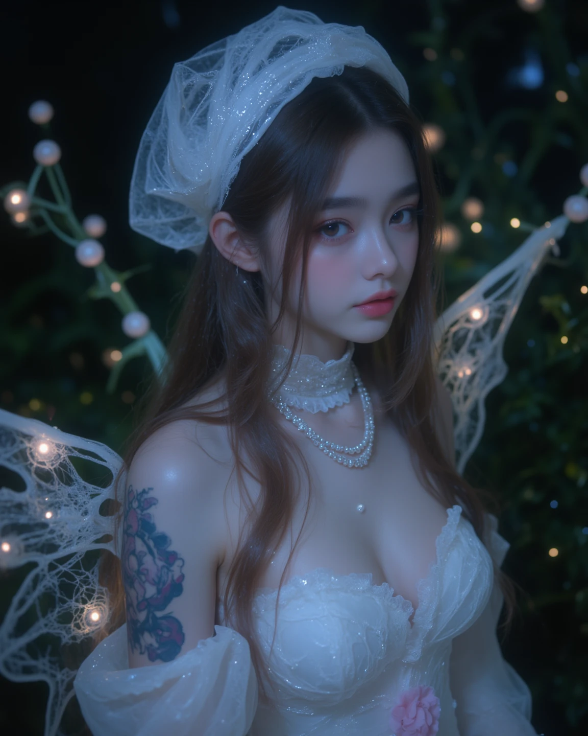 alfons mucha:0.3, thin nude 1girl, twin tail hair,<lora:FairTaleAI:0.5> FairyTaleAI nsfw fairy, fairy wings,dance:1.2 , sparkling flower background, wide angle, close up, uchidayaho <lora:uchidayahoa:0.8>