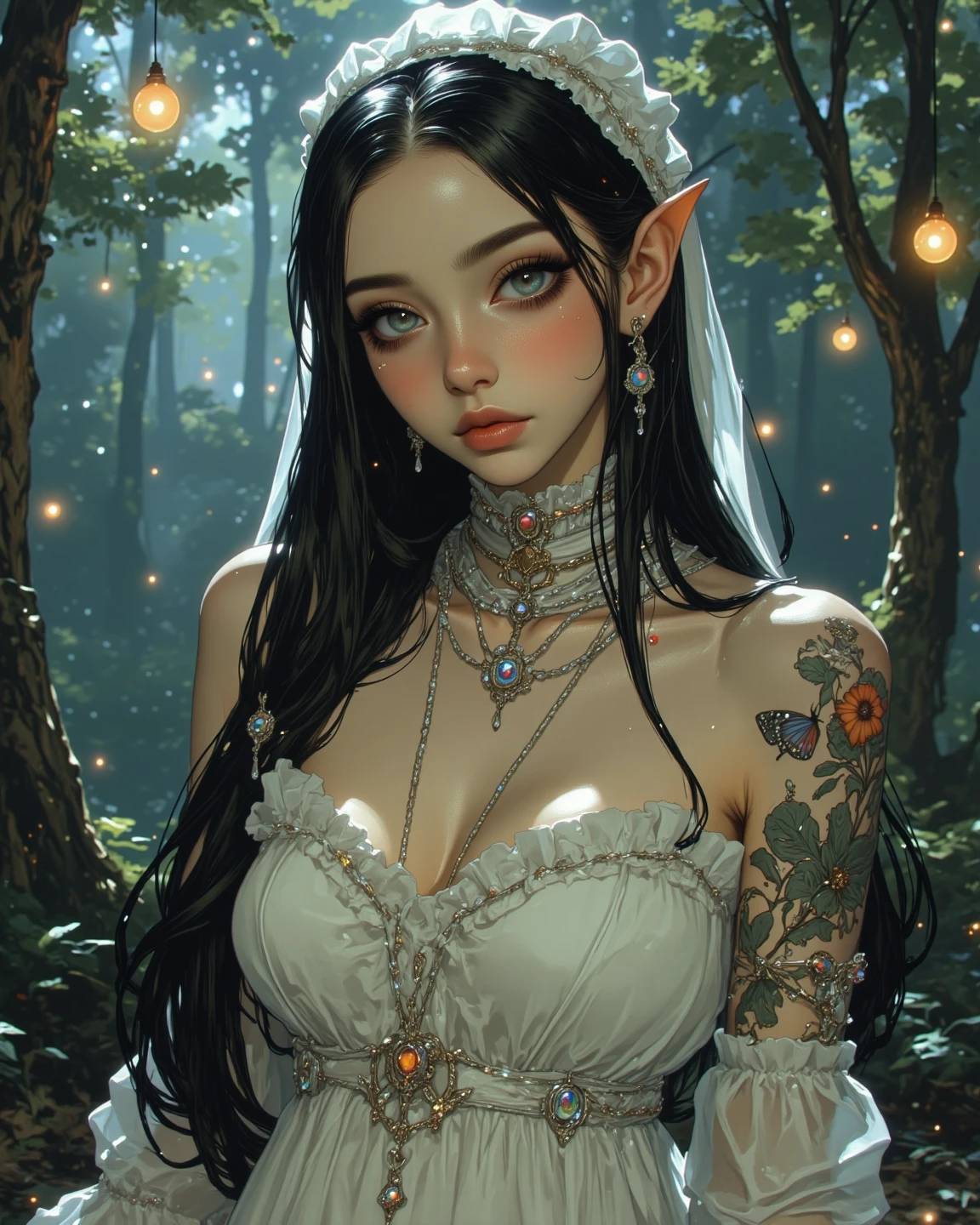 closeup full realism portrait freckled woman laying in flowerfield sunrise" short_neck twinkling lights jewelry | long_hair | epic | vibrant sunrise warm_tones holy glow | sharp_image | perfect_eyes | anime_realism 3D perfect | gorgeous | stunning animated | curvy | comicbook | saturated color | deep_color | deep depth of field | polished | whimsical gothic fairycore | intricate beautiful ethereal makeup | freckles | long hair | high_resolution | sparkle, glossed chatoyant | high contrast | dark_shadows hyperdetailed | mystical | backlit | whimiscal | perfect_face perfect_limbs Caravaggio