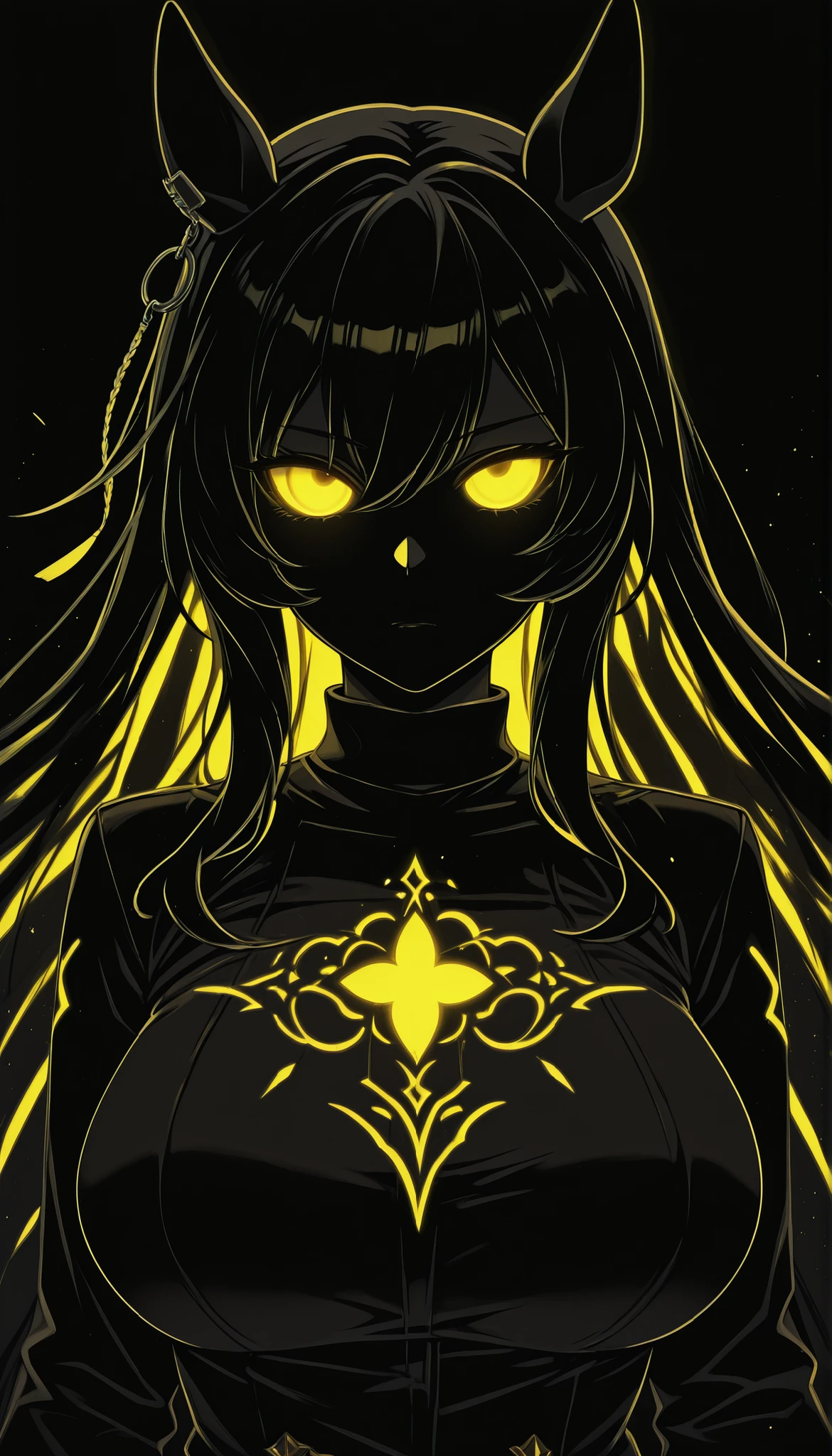 (masterpiece, Highest Quality ), 1girl, Calston Light O \(Uma Musume\),blatant,big breasts,masterpiece, Highest Quality, Ultra Details, High Gress, 1girl, solo, Mature Women, beautiful and perfect face, detailed eyes,limited palette,Black background,colorful,full of life,((Yellow Glowing Outline)),(( yellow neon)),black light,rimless, masterpiece, very aesthetic(SuperQuality:1.2),serious,,Black background,cinematic_illustration,eye_focus
