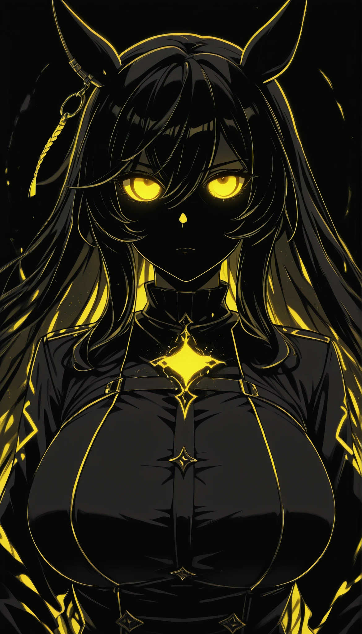 (masterpiece, Highest Quality ), 1girl, Calston Light O \(Uma Musume\),blatant,big breasts,masterpiece, Highest Quality, Ultra Details, High Gress, 1girl, solo, Mature Women, beautiful and perfect face, detailed eyes,limited palette,Black background,colorful,full of life,((Yellow Glowing Outline)),(( yellow neon)),black light,rimless, masterpiece, very aesthetic(SuperQuality:1.2),serious,,Black background,cinematic_illustration,eye_focus