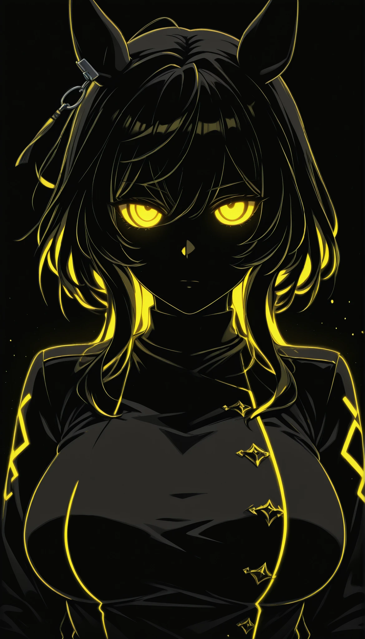 (masterpiece, Highest Quality ), 1girl, Calston Light O \(Uma Musume\),blatant,big breasts,masterpiece, Highest Quality, Ultra Details, High Gress, 1girl, solo, Mature Women, beautiful and perfect face, detailed eyes,limited palette,Black background,colorful,full of life,((Yellow Glowing Outline)),(( yellow neon)),black light,rimless, masterpiece, very aesthetic(SuperQuality:1.2),serious,,Black background,cinematic_illustration,eye_focus