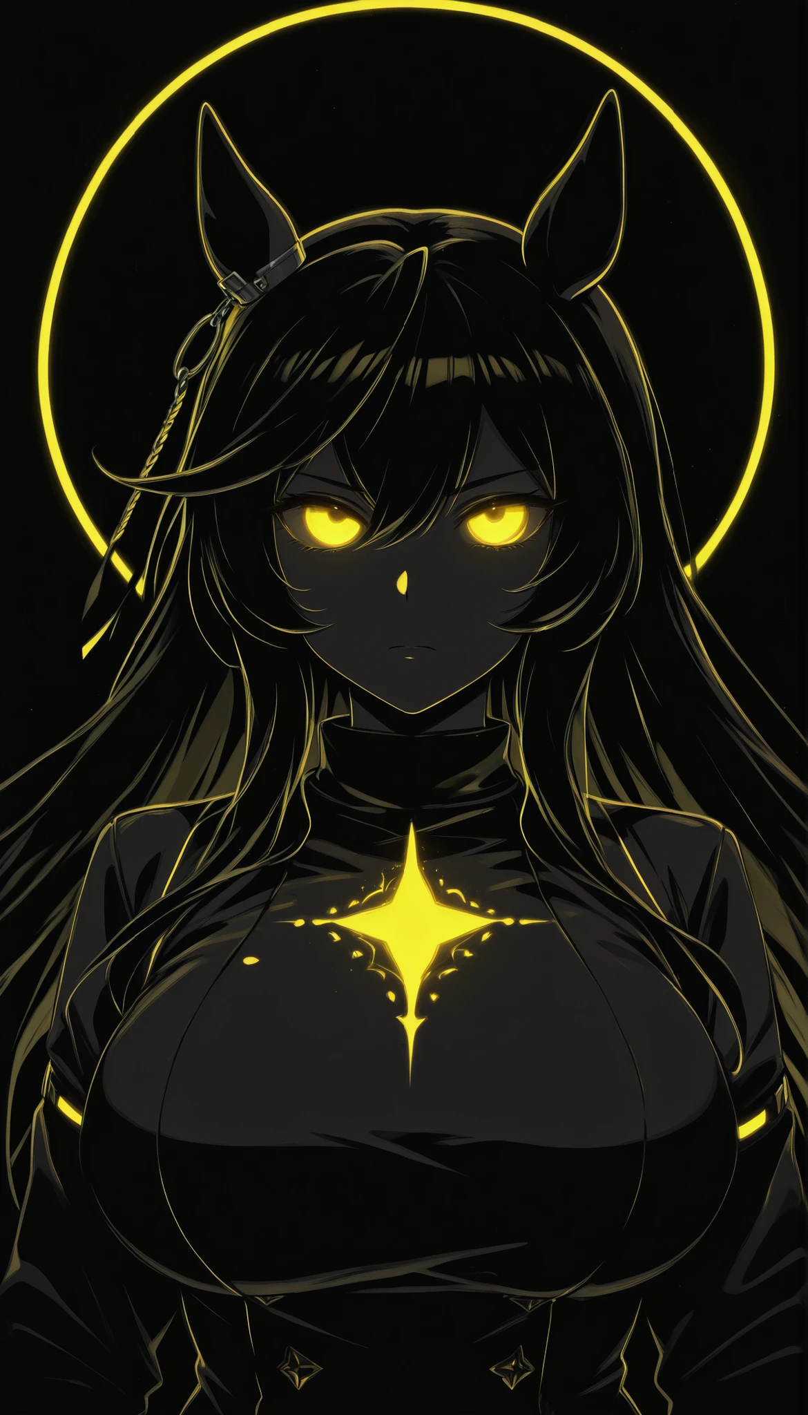 (masterpiece, Highest Quality ), 1girl, Calston Light O \(Uma Musume\),blatant,big breasts,masterpiece, Highest Quality, Ultra Details, High Gress, 1girl, solo, Mature Women, beautiful and perfect face, detailed eyes,limited palette,Black background,colorful,full of life,((Yellow Glowing Outline)),(( yellow neon)),black light,rimless, masterpiece, very aesthetic(SuperQuality:1.2),serious,,Black background,cinematic_illustration,eye_focus