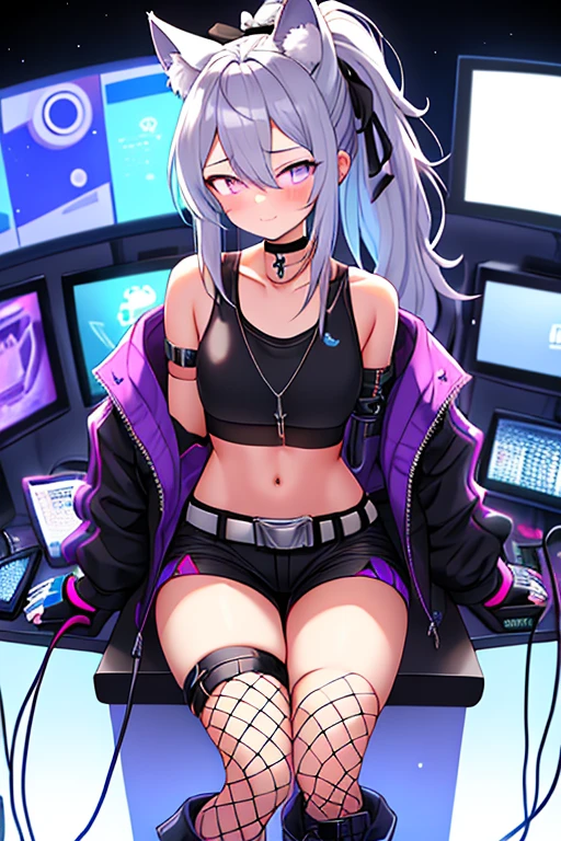 (highest quality), Angle from the front:1.2,1 female, alone, Shining school swimsuit,double big round eyes,two tone hair,((two side up)),red eyes, (black skin),blush,smile, (open chest:1.1),Cyberpunk world,dynamic composition,Big breasts,Socks above the knee,Psychedelic color scheme,Iridescent background,rabbit ear headphones,turbo in the back,machine legs,rainbow colored screen,((cockpit of a complex machine)),look far away,(armor in the shape of a hoodie),Have a game controller