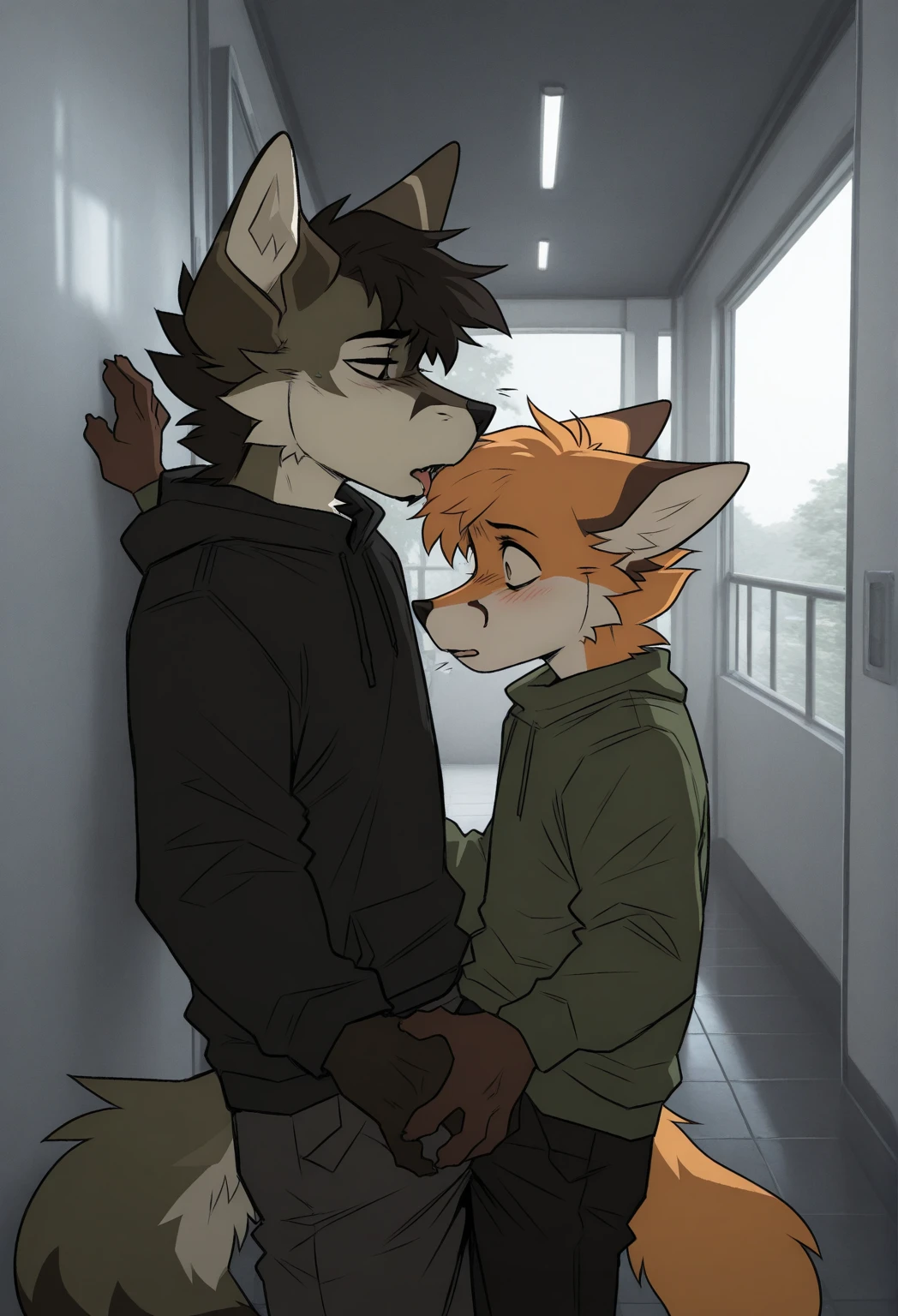 Anthropomorphic male crimson fox, with purple eyes, horns, pink nose, black ears, wearing deportive clothes, kissing, kiss against the wall, sitting on floor, forced kiss with a light yellow fox wearing clothes, on knees, erect penis, masturbating, masturbation, masturbation while kissing, duo, inside a public bathroom, full body view, hands against the wall, enjoying it, closed eyes, clothes
