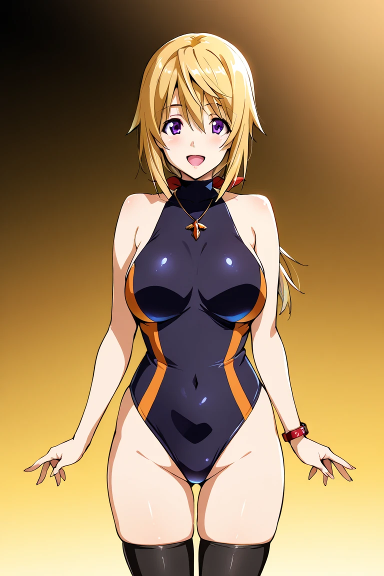 charlottedunois, <lora:charlotte dunois s2-lora-nochekaiser:1>,
charlotte dunois, long hair, blonde hair, ribbon, (purple eyes:1.1), ponytail, hair ribbon,
BREAK thighhighs, bare shoulders, jewelry, black thighhighs, necklace, leotard, covered navel, turtleneck, halterneck, pendant, pilot suit,
BREAK outdoors, gym, track and field,
BREAK looking at viewer, (cowboy shot:1.5),
BREAK <lyco:GoodHands-beta2:1>, (masterpiece:1.2), best quality, high resolution, unity 8k wallpaper, (illustration:0.8), (beautiful detailed eyes:1.6), extremely detailed face, perfect lighting, extremely detailed CG, (perfect hands, perfect anatomy),