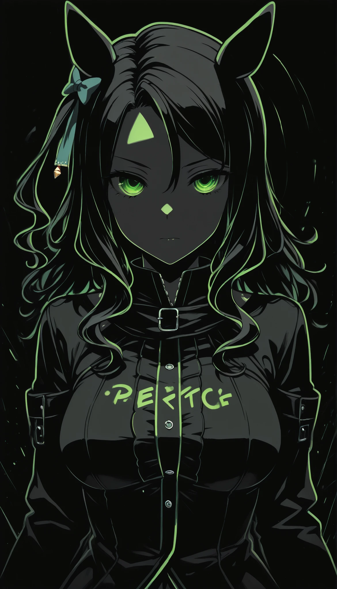 (masterpiece, Highest Quality ), 1girl, king halo \(Uma Musume\),blatant,Normal Breasts,masterpiece, Highest Quality, Ultra Details, High Gress, 1girl, solo, Mature Women, beautiful and perfect face, detailed eyes,limited palette,Black background,colorful,full of life,(( Green Outline )),((Green Neon)),black light,rimless, masterpiece, very aesthetic(SuperQuality:1.2),serious,,Black background,cinematic_illustration,eye_focus