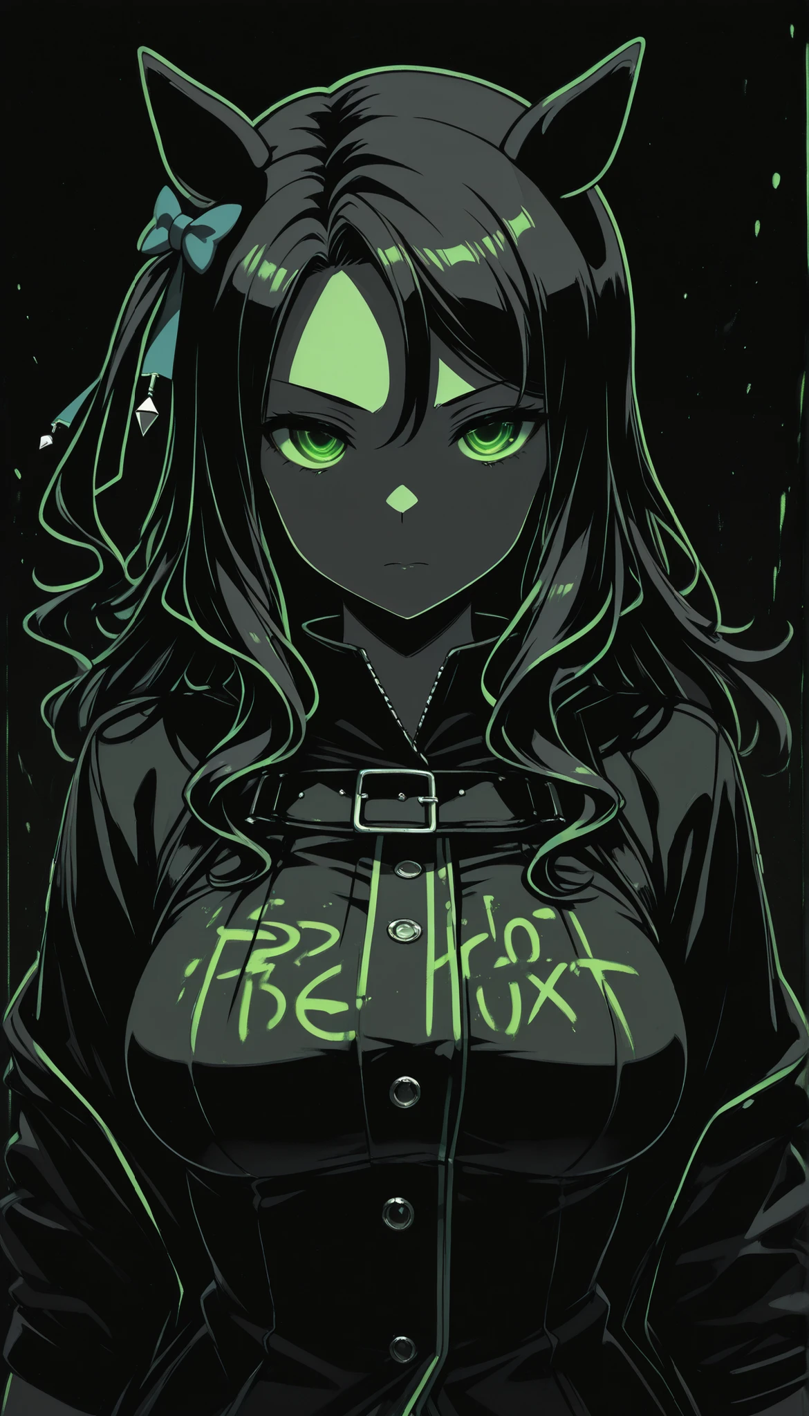 (masterpiece, Highest Quality ), 1girl, king halo \(Uma Musume\),blatant,Normal Breasts,masterpiece, Highest Quality, Ultra Details, High Gress, 1girl, solo, Mature Women, beautiful and perfect face, detailed eyes,limited palette,Black background,colorful,full of life,(( Green Outline )),((Green Neon)),black light,rimless, masterpiece, very aesthetic(SuperQuality:1.2),serious,,Black background,cinematic_illustration,eye_focus