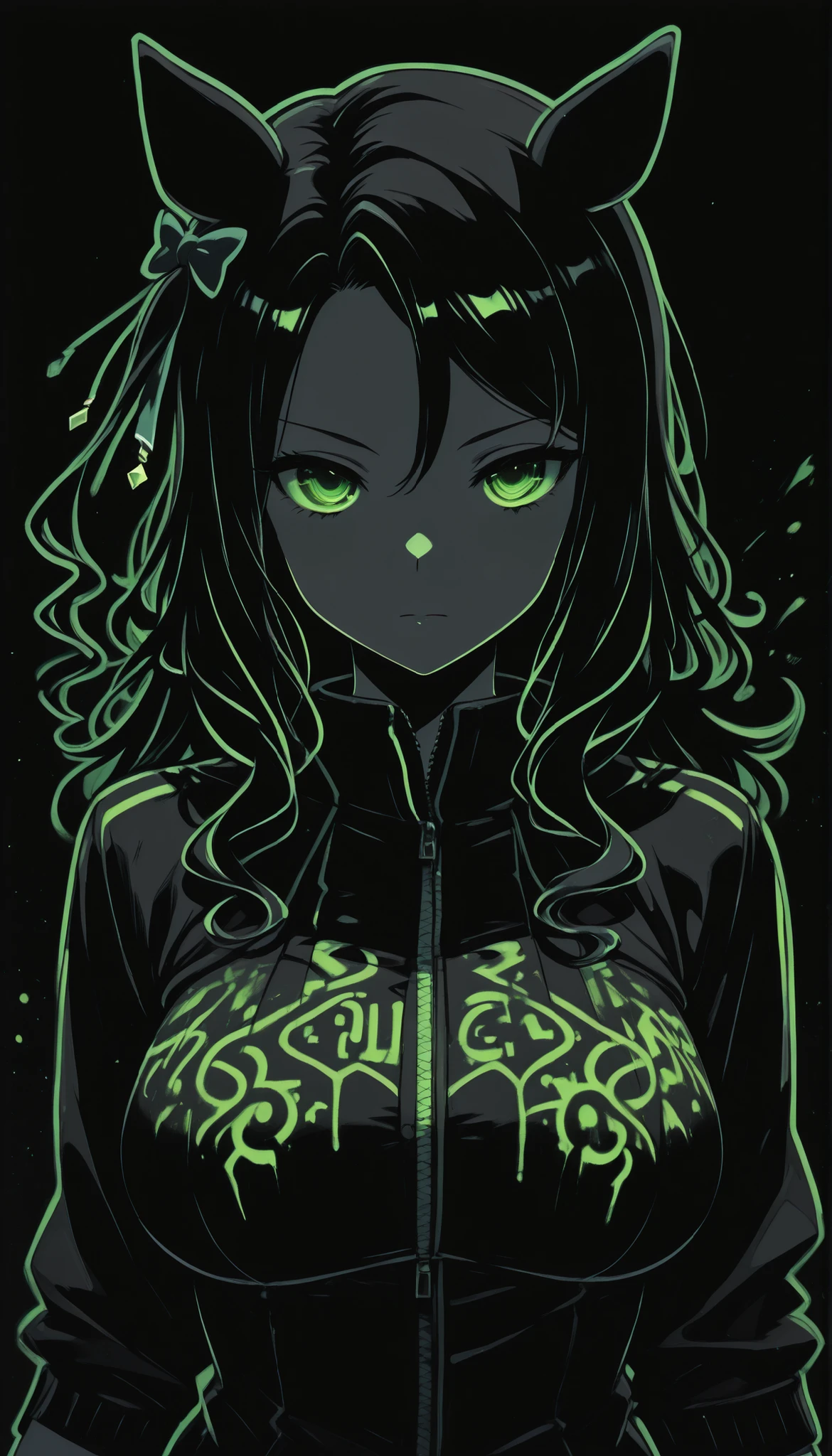 (masterpiece, Highest Quality ), 1girl, king halo \(Uma Musume\),blatant,Normal Breasts,masterpiece, Highest Quality, Ultra Details, High Gress, 1girl, solo, Mature Women, beautiful and perfect face, detailed eyes,limited palette,Black background,colorful,full of life,(( Green Outline )),((Green Neon)),black light,rimless, masterpiece, very aesthetic(SuperQuality:1.2),serious,,Black background,cinematic_illustration,eye_focus