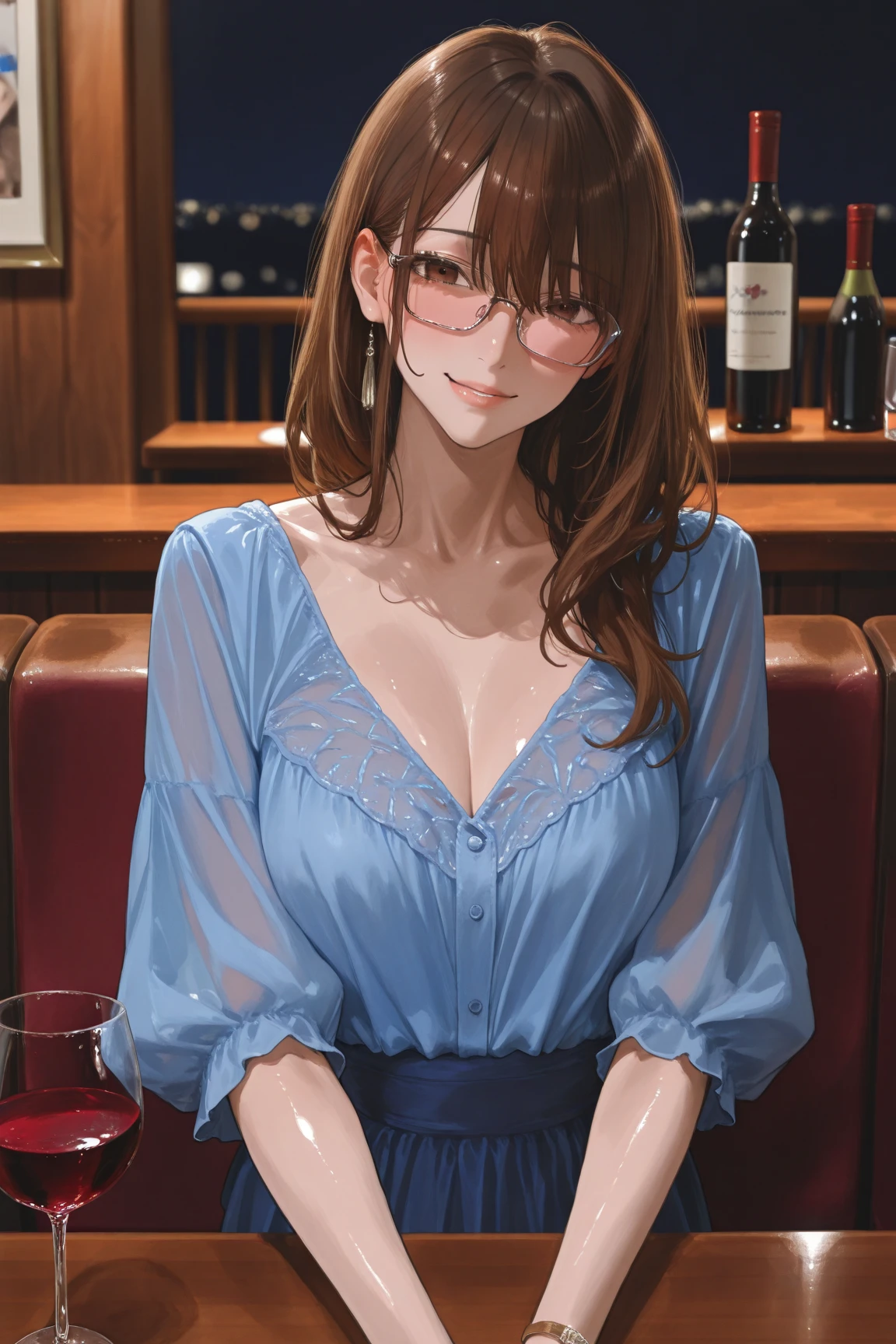 (masterpiece:1.3, Highest quality, Ultra-high resolution, Super detailed), (Realistic, photoRealistic:1.4), Beautiful illustrations, Perfect lighting, Natural light, Romantic lighting, colorful, Depth of written boundary, NFSW,
View your viewers, (View through the table), 1 girl, Japanese, 15 years old, Perfect Face, (Perfect ???????), Cute and symmetrical face, Baby Face, Glowing Skin,
(Long Hair, Updo Hair, Brown Hair), Swept-apart bangs, Chestnut brown eyes, Long eyelashes, (Large Breasts:0.8, Captivating thighs, Big Ass),
Beautiful Hair, Beautiful Face, Beautiful attention to detail, Beautiful clavicle, Beautiful body, Beautiful breasts, Beautiful thighs, Beautiful feet, Beautiful fingers,
Off-the-shoulder dress、
(Beautiful views), dinner, (food, steak, Champagne glasses, restaurant:1.4), Tilt your head, (Cute smile, Upward glance),