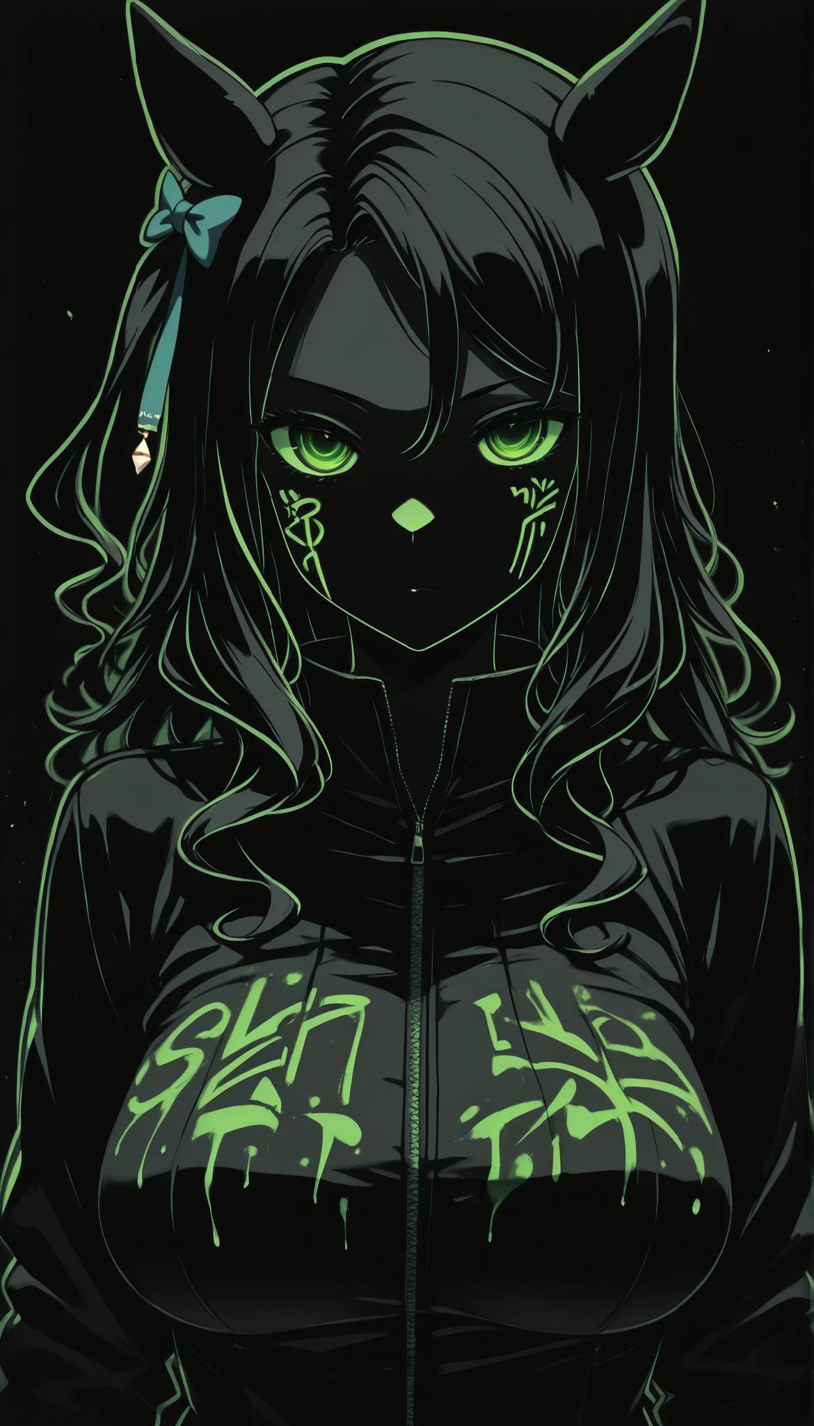 (masterpiece, Highest Quality ), 1girl, king halo \(Uma Musume\),blatant,Normal Breasts,masterpiece, Highest Quality, Ultra Details, High Gress, 1girl, solo, Mature Women, beautiful and perfect face, detailed eyes,limited palette,Black background,colorful,full of life,(( Green Outline )),((Green Neon)),black light,rimless, masterpiece, very aesthetic(SuperQuality:1.2),serious,,Black background,cinematic_illustration,eye_focus