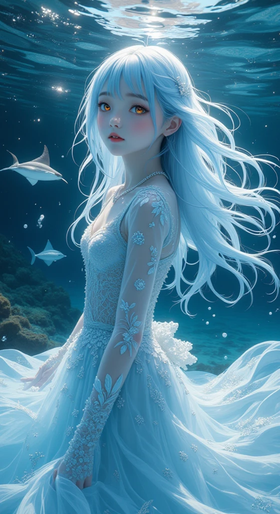 1 girl,frontage,long layered silvery white hair,with a touch of blue,Short white dress,high-heels,standing on the sea side,Whales leap out of the sea,8K quality,A detailed,High value