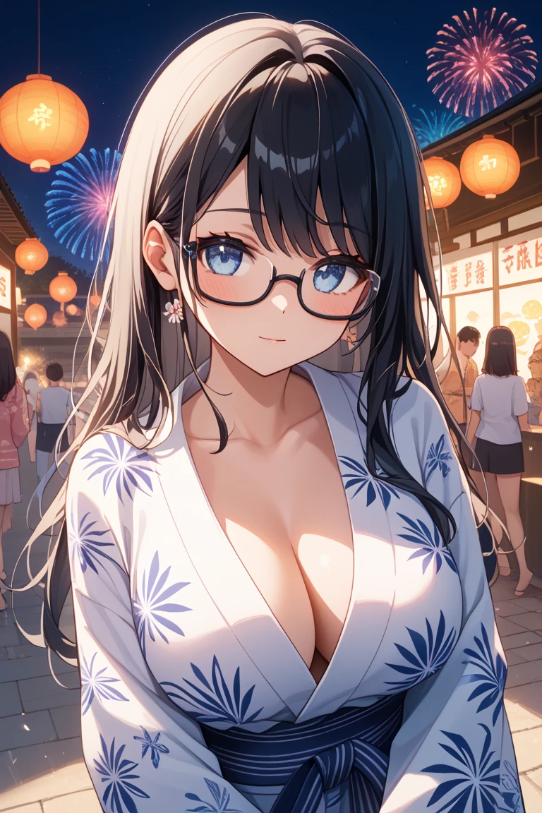 1 girl, full body stand, glasses, ideal breasts, unbuttoned yukata, loose hair, smile, open the door for you, face blush, night light, detailed anime face, beautiful eyes, detailed hand, long eyelashes, detailed lips, detailed skin, intricate details, elegant, beautiful lighting, cooled colors, cinematic, soft focus, masterpiece, 8k, ultra-detailed, (best quality, 4k, 8k, highres, masterpiece:1.2), ultra-detailed