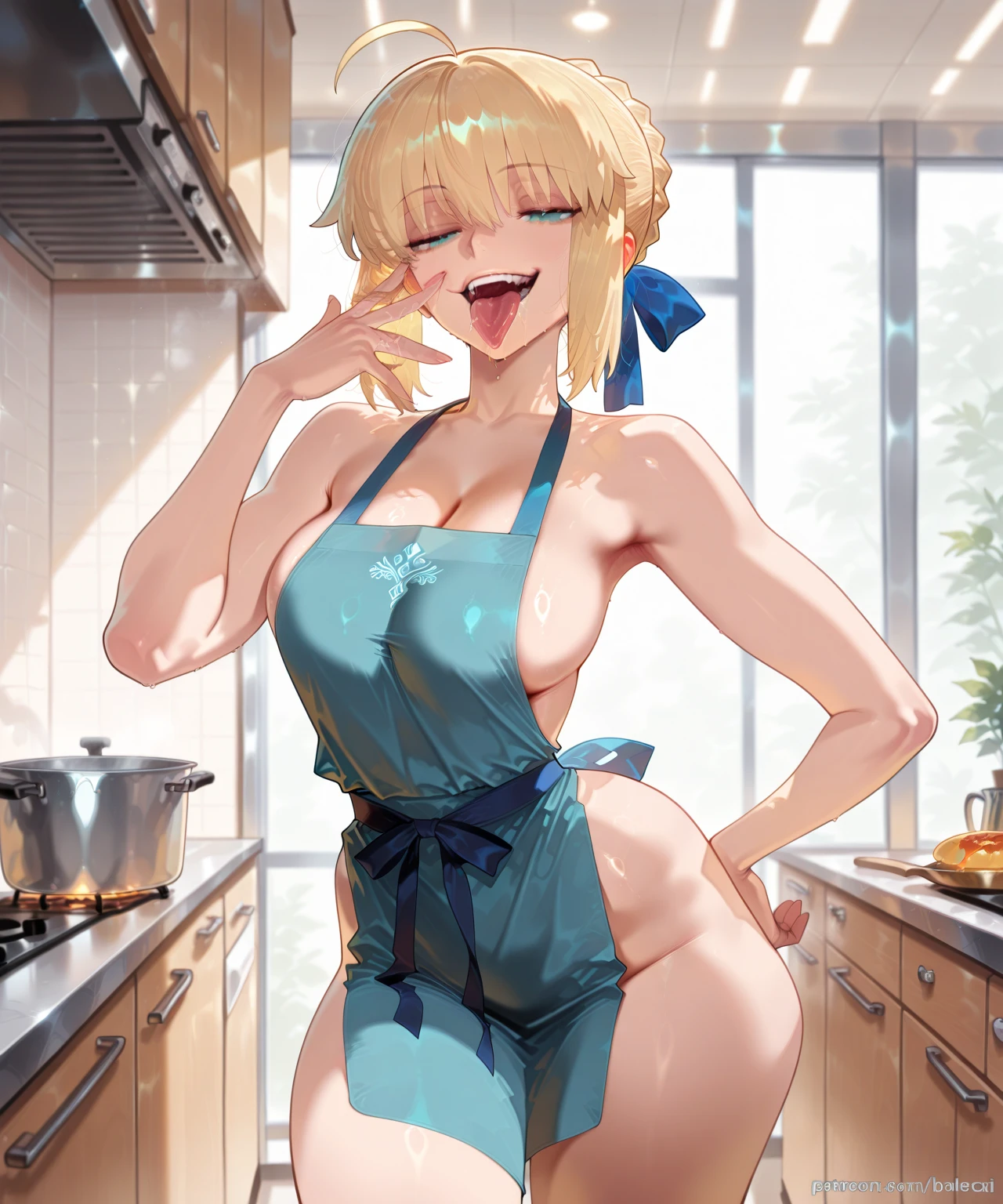 (dynamic angle:1.3, front view:0.9, breast focus:1.3, from below:1.2), (dynamic posing:1.5, sexy posing:1.3, leaning forward), (seductive smiling:1.3),masterpiece, 1girl, pointed chest:1.3,(double breasted:1.2,under bust:1.2), Amazing Cleavage:1.3, thin waist, big ass, Raised sexy, small breast: 1.2 posed cleavage:1.1, looking at viewer, open mouth, platina bronde hair, blue eyes, bare shoulders, collarbone, sidelocks, hairband, sapphire earrings, indoors, red off shoulder sweater dress, arms behind back, short hair with long locks, blue gold hairband, big side hair, very long side hair is rendered in (masterpiece: 1.2, best quality), with (ultra high resolution) and an exquisite (depth of field). This masterpiece is not only visually stunning but also tells,A scene of cooking in the kitchen