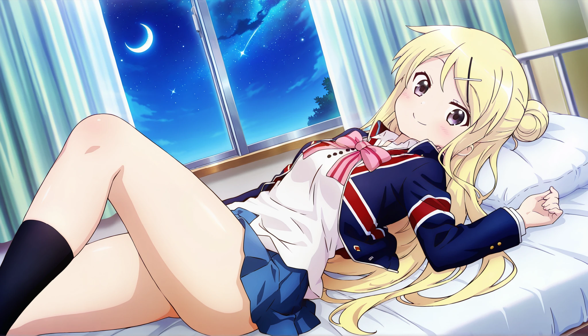 dropout of high school and depression bedridden 1girl , smile thick thighs Kujou Karen very long hair , blonde hair , single hair bun , hairclip , x hair ornament , sidelocks , side swept bangs , black eyes , white shirt , collared shirt , union jacket , pink bowtie , neck ribbon , pink ribbon , long sleeves , small breasts , miniskirt , blue skirt , black socks ,thick thighs, smile,crescent moon, stars (sky),looking at viewer,Infirmary,bed,knee up,lying on a futon