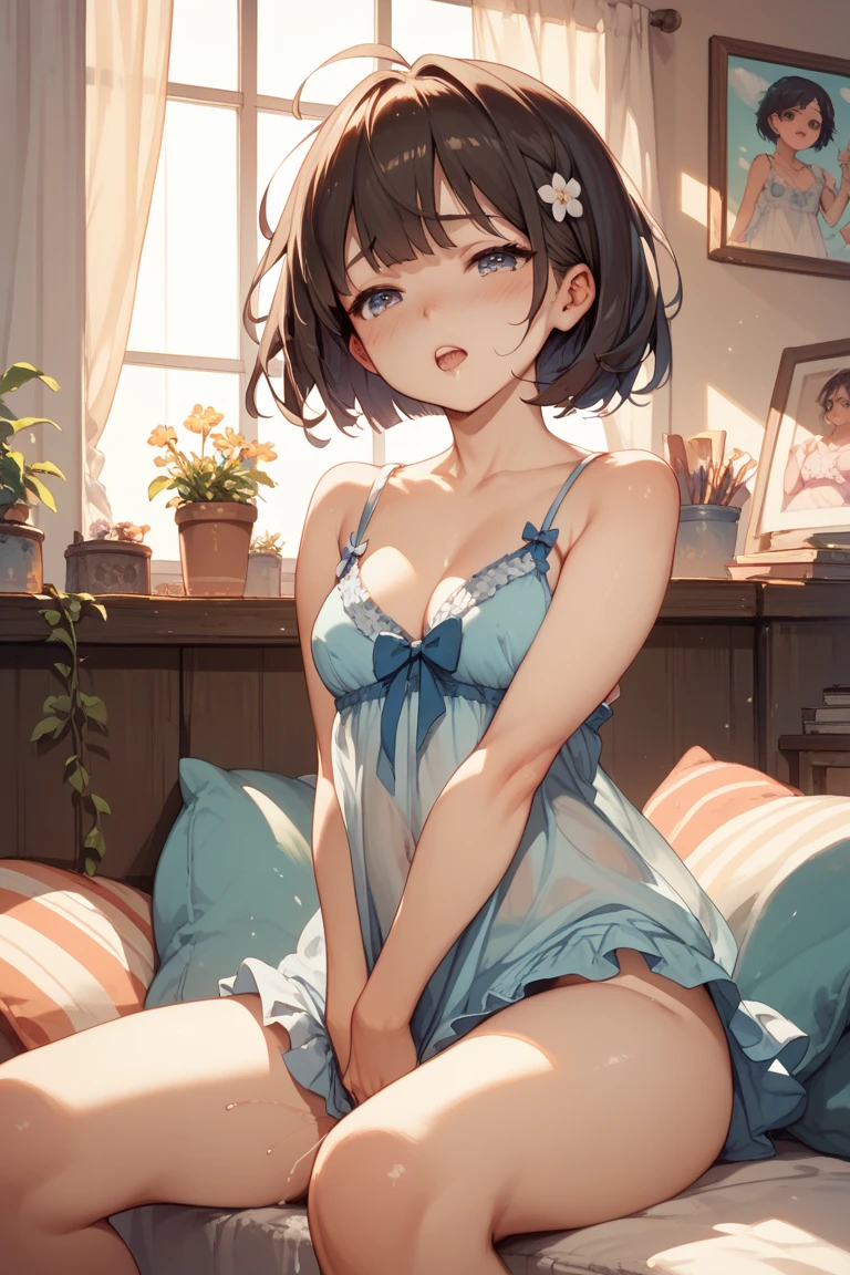 (masterpiece, best quality), nsfw,
1girl, smile, open mouth, sitting, on floor, hip on the floor, outstretched legs, hands on floor, feet out of frame,
BREAK 5yo, (loli:1.5), black hair, (high ponytail, medium ponytail), curly hair, (aqua scrunchie:1.2), aqua eyes, (tareme:1.3), (huge breasts:1.2), hanging breasts,

BREAK completely nude,
BREAK bedroom, ceiling, window,