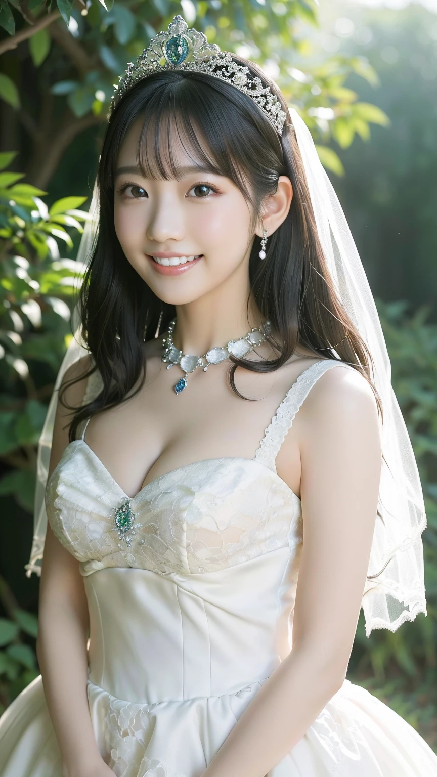 (Wedding hall、whole bodyが見える)、(Realistic、Like a photograph、Live Action、8K, Photorealistic, RAW Photos, Best image quality: 1.4), Single-lens reflex camera、RAW Photos, Highest quality, Realistic, Very detailed CG Unity 8K 壁紙, Written boundary depth, Cinematic Light, Lens flare, Ray Tracing, Realistic background、((Wedding dress:1.5、Mermaid Line Dresses、bouquet)、Cleavage:1.37、Big Breasts)、((Ultra-dense skin))、 1 female,Cute Japanese Woman、Japan Bride、((whole body:1.5)、Looking at the audience:1.1、Overflowing with smiles、Random hairstyle:1.2、I like that style、Stylish、Very detailed、Pay attention to the details、Long Hair、Hair Arrangement、Half-up hairstyle、perfect bridal dress、(White skin)、Beautiful legs:1.1、Standing in the garden、Great atmosphere、View from the front、Beautiful background、Detailed background depiction、Detailed portrait、Side view