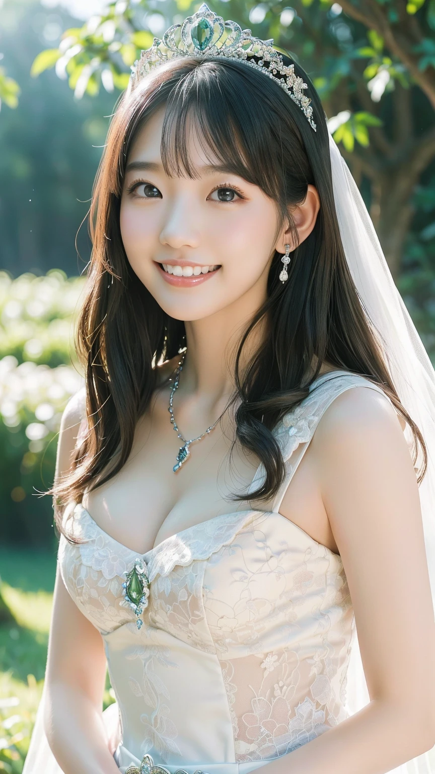 (Highest quality、Tabletop、8k、Best image quality、Award-winning works)、One beautiful bride、(alone:1.1)、(The most extravagant and gorgeous huge wedding dresses:1.1)、(Perfect Wedding Lace:1.2)、(The most extravagant and luxurious giant tiara:1.1)、(The most extravagant and luxurious giant necklace:1.1)、The most beautiful smile is looking at me、A wide selection of the finest jewelry、(Bridal upper body photo:1.1)、Perfect Makeup、Long eyelashes、Ultra HD Shining Eyes、Ultra HD Hair、Ultra-high resolution glossy lips、Ultra High Resolution Perfect Teeth、Super high resolution beautiful face、(Accurate anatomy:1.1)、(Very bright and beautiful skin:1.2)、(very bright and vivid:1.2)、(Blurred fresh green nature background:1.1)