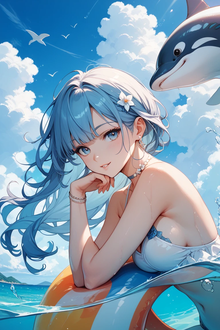 A diamond heart， In the blue ocean，Beautiful and eye-catching，Bright