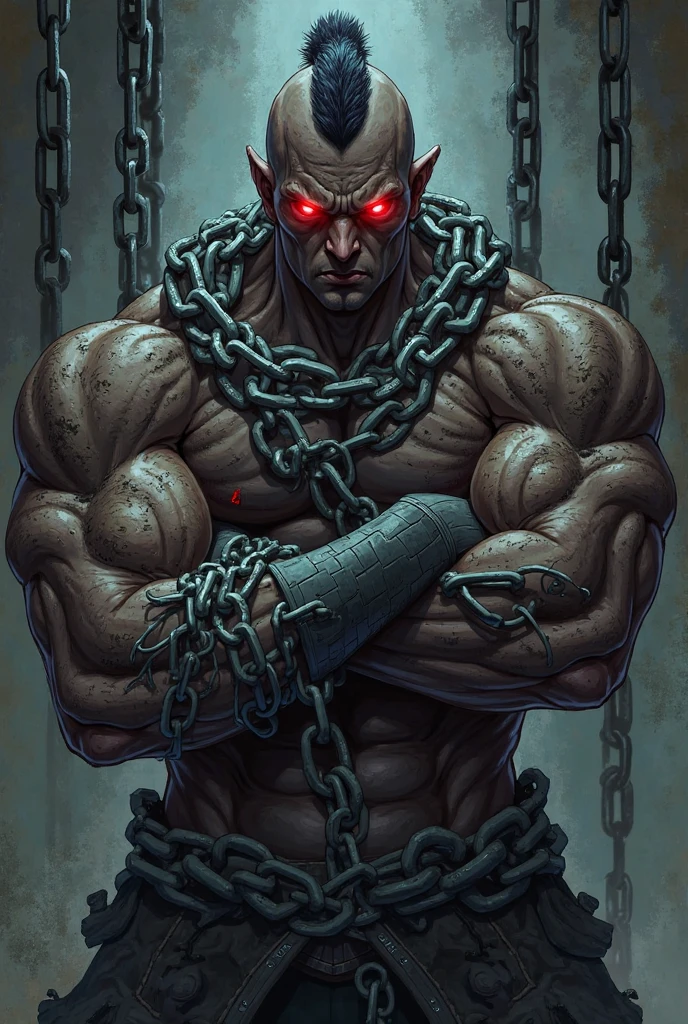 Create an image with the phrase "Y or E", chrome and melting as title.
And put a strong and dark being, chained and with one eye glowing blue and the other red And a warning of "danger do not open"