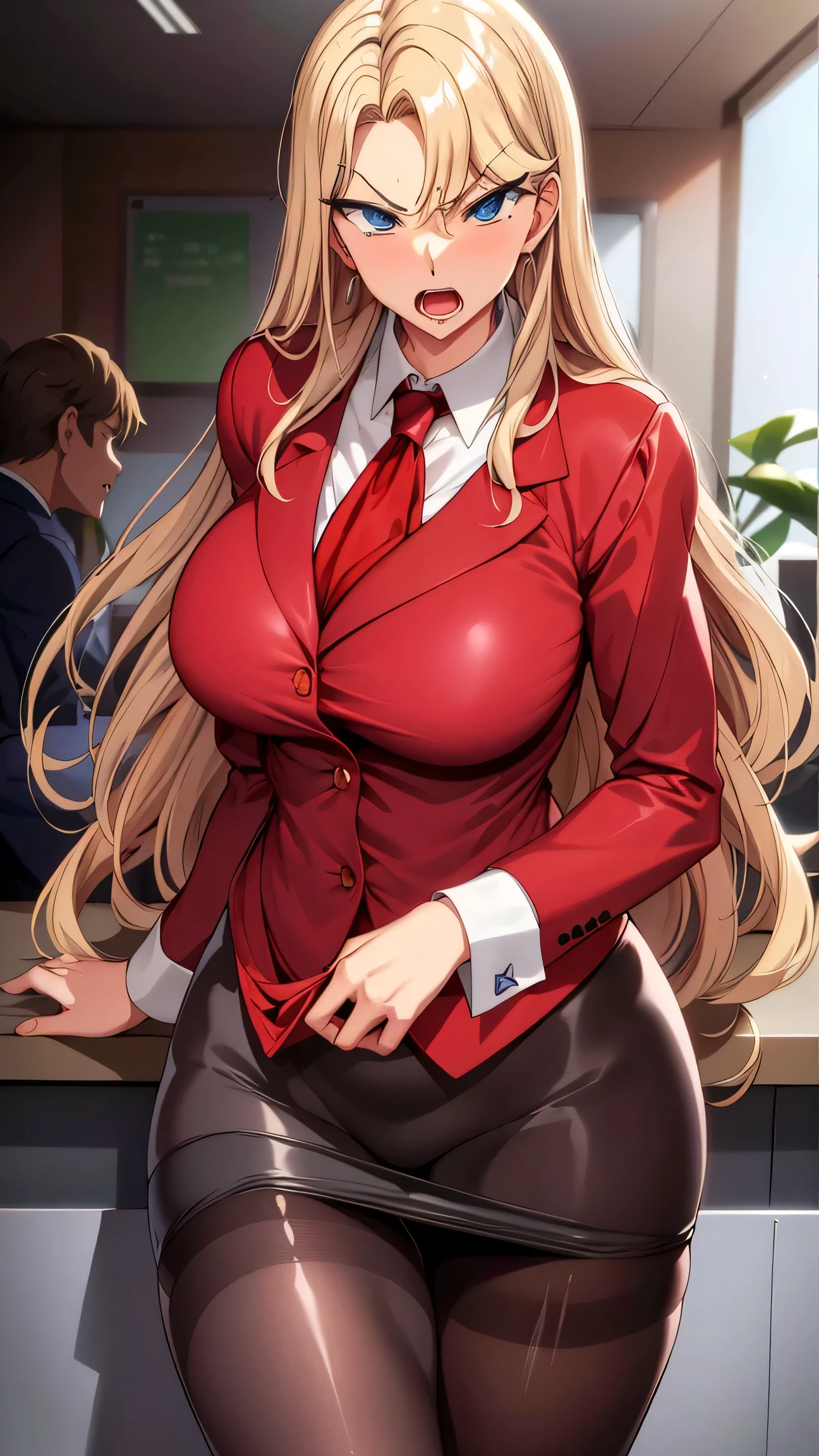 (((1girl))), Reika Kurashiki from Saimin Seishidou, blonde hair, angry expression, siting on couch, in personal office, sunset lightning, ((extremely big breasts, extremely wide hips, extremely big ass)), (dark red high heels with black pantyhose, dark red pencil skirt, white office shirt with red office jacket on top),