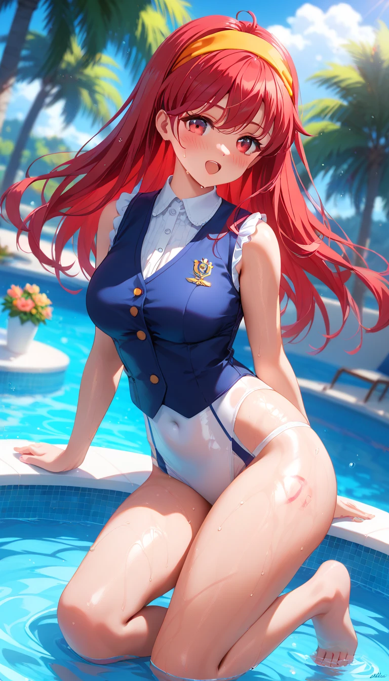 Tabletop, highest quality, Tabletop, Attention to detail, detailed face, detailed eyes, Rendered eyes, Perfect Eyes, Hip line, Ambient Occlusion, Clear images, detailed, wonderful,8k,8k Wallpaper,8k background, Attention to detail肌, High resolution,
One Girl, alone,Shame face、Open your mouth、 Deleting emails, ((School Swimsuit)), ((Redhead、blue eyes))、(Pool)、(Sit on your knees)