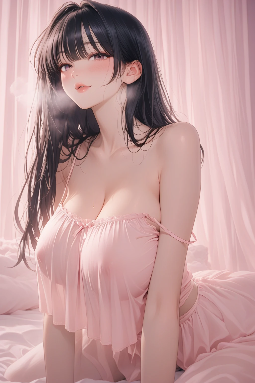 Highest high resolution，8K，Exposed cleavage，White lace translucent erotic lingerie，The whole body is covered with translucent mucus，Erotic emoticons，Enchanting and sexy，Oily fluids in the breasts，Lace-knit wrap dress，torn laundry，Clothes torn with oily grease，sweatyskin，A puddle of mucus between the legs
