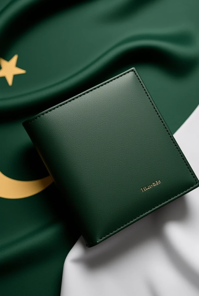 Create picture of Pakistani flag flexing around leather wallets. Ratio 1080 x1080 Now add text in this picture with 3D dimensions. The text is "Independence Day Pakistan" This text should be on top of the flag slightly behind the flag making it look 3D