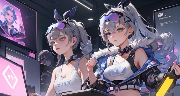 2girls, (raven gelatin rockstar chef:1.3), (in a  dance club:1.3), full body, pastel white hair, Braided Updo, , [:creative, revealing costume design:0.2], , (small breasts:1.5), sexy athletic slim perfect hourglass figure,skindentation, ((power armor, clothes lift:1.2):1.2),